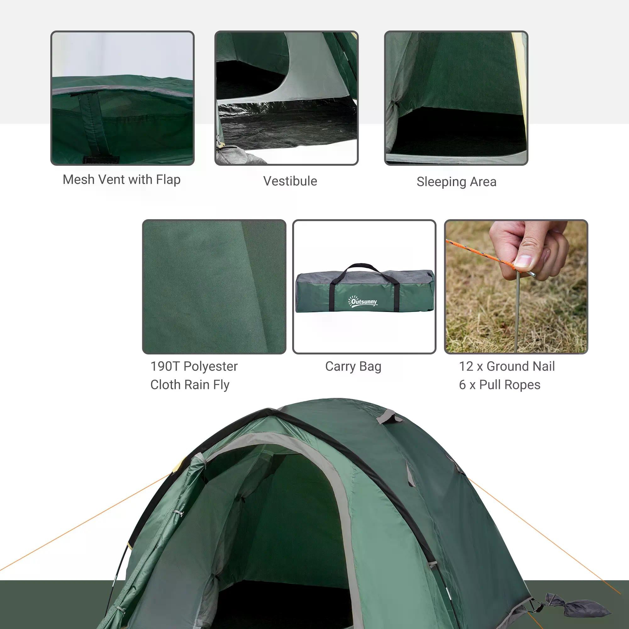 Outsunny Camping Dome Tent 2 Room for 3-4 Person with Weatherproof Vestibule Backpacking Tent Large Windows Lightweight for Fishing & Hiking Green