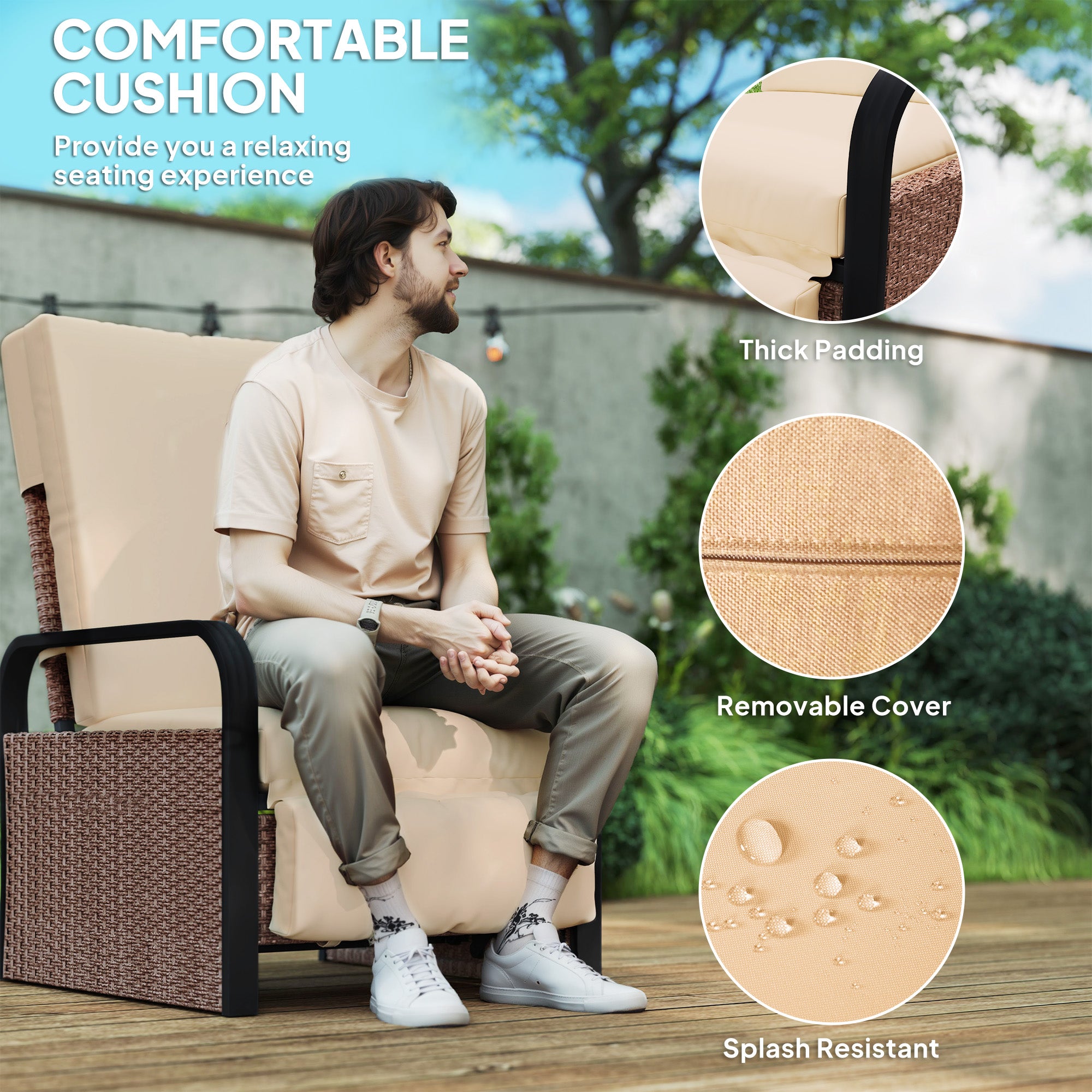 Outsunny 140° Reclining Rattan Armchair - Brown/Khaki - North Peak Garden Furniture