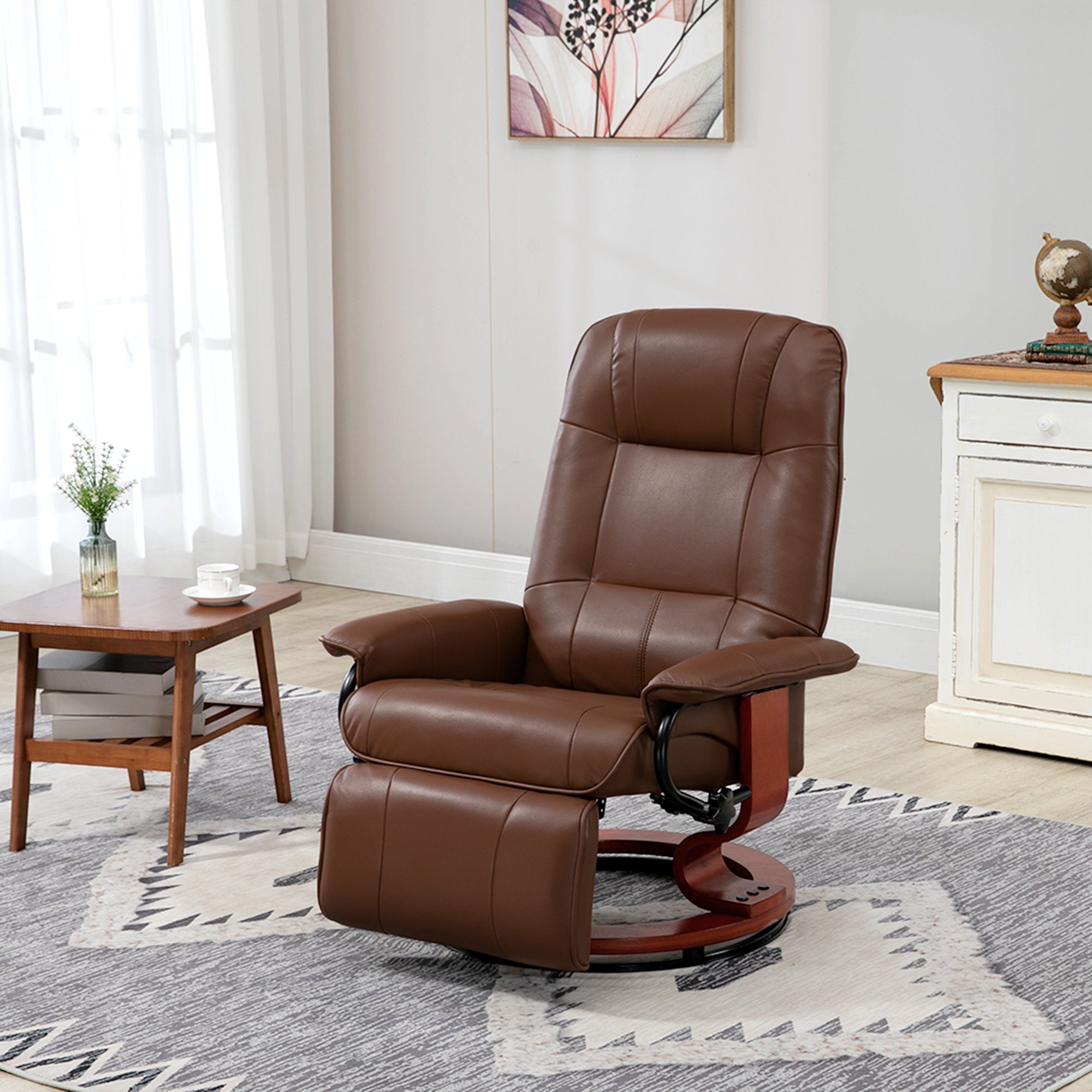 HOMCOM Faux Leather Armchair, with 145° Reclining Back and Footrest - Brown - North Peak Garden Furniture