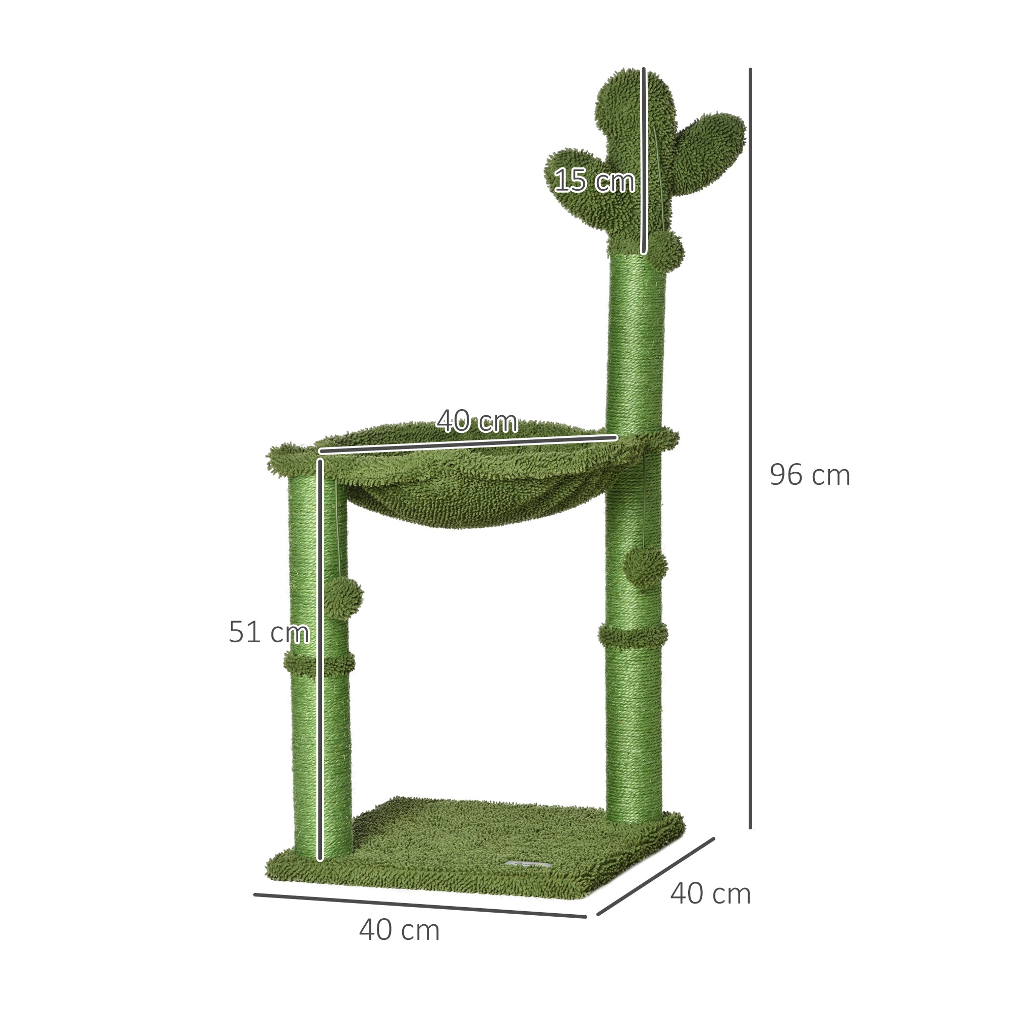 PawHut Cactus Cat Tree Tower for Indoor Cats Sisal Scratching Post with Hammock Bed Dangling Ball 40 x 40 x 96 cm