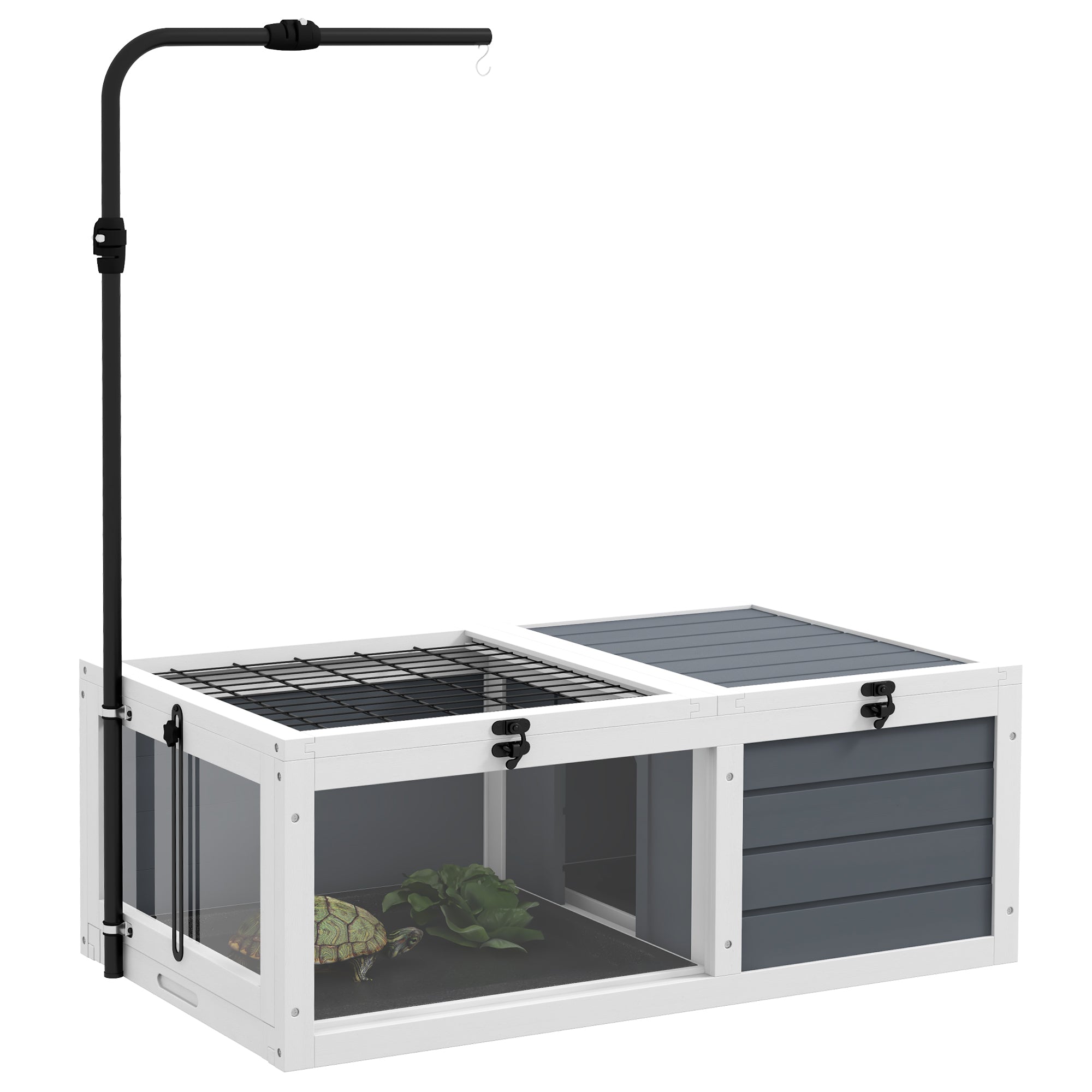 PawHut Tortoise Table with Adjustable Lamp Holder, Wooden Tortoise House w/ Openable Lids, Pull-Out Trays - Grey - North Peak Garden Furniture