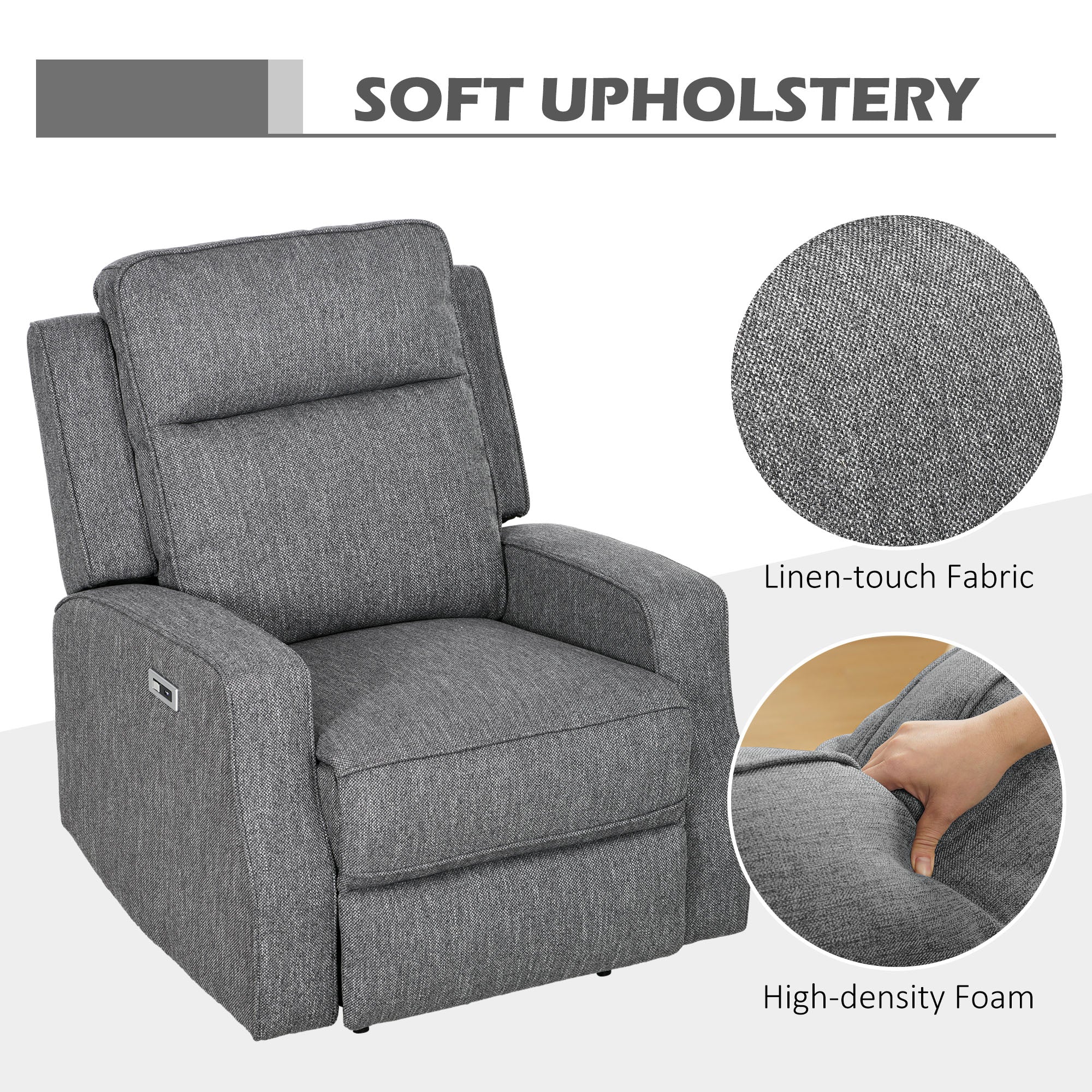 HOMCOM 150° Electric Reclining Chair, with USB port and Footrest - Charcoal Grey - North Peak Garden Furniture