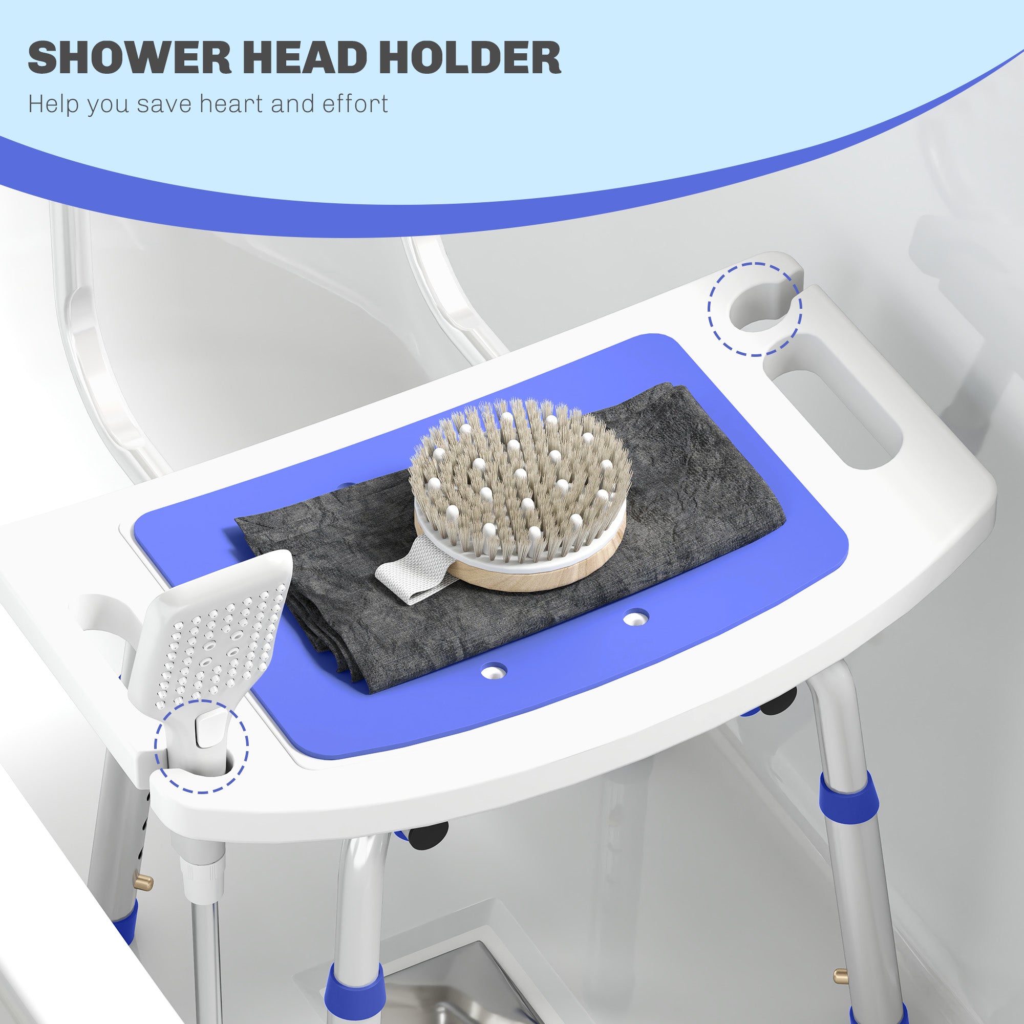 HOMCOM Shower Stool with Backrest, Height Adjustable Shower Chair with Anti-slip Foot Pads, Shower Head Holder, Blue - North Peak Garden Furniture