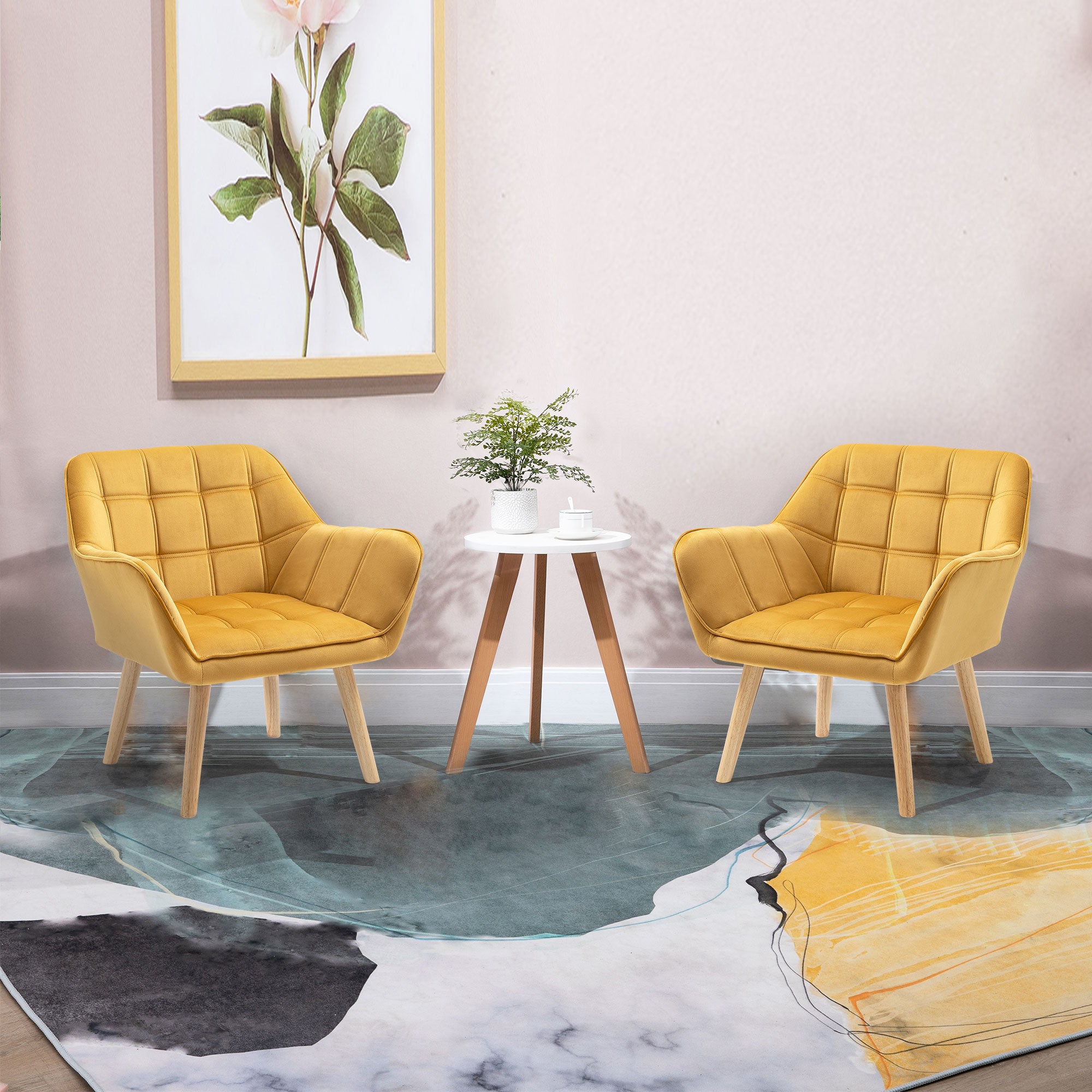 HOMCOM Modern Armchair, Accent Chair with Wide Arms, Slanted Back and Rubber Wood Legs for Living Room, Bedroom, Home Office Yellow - North Peak Garden Furniture