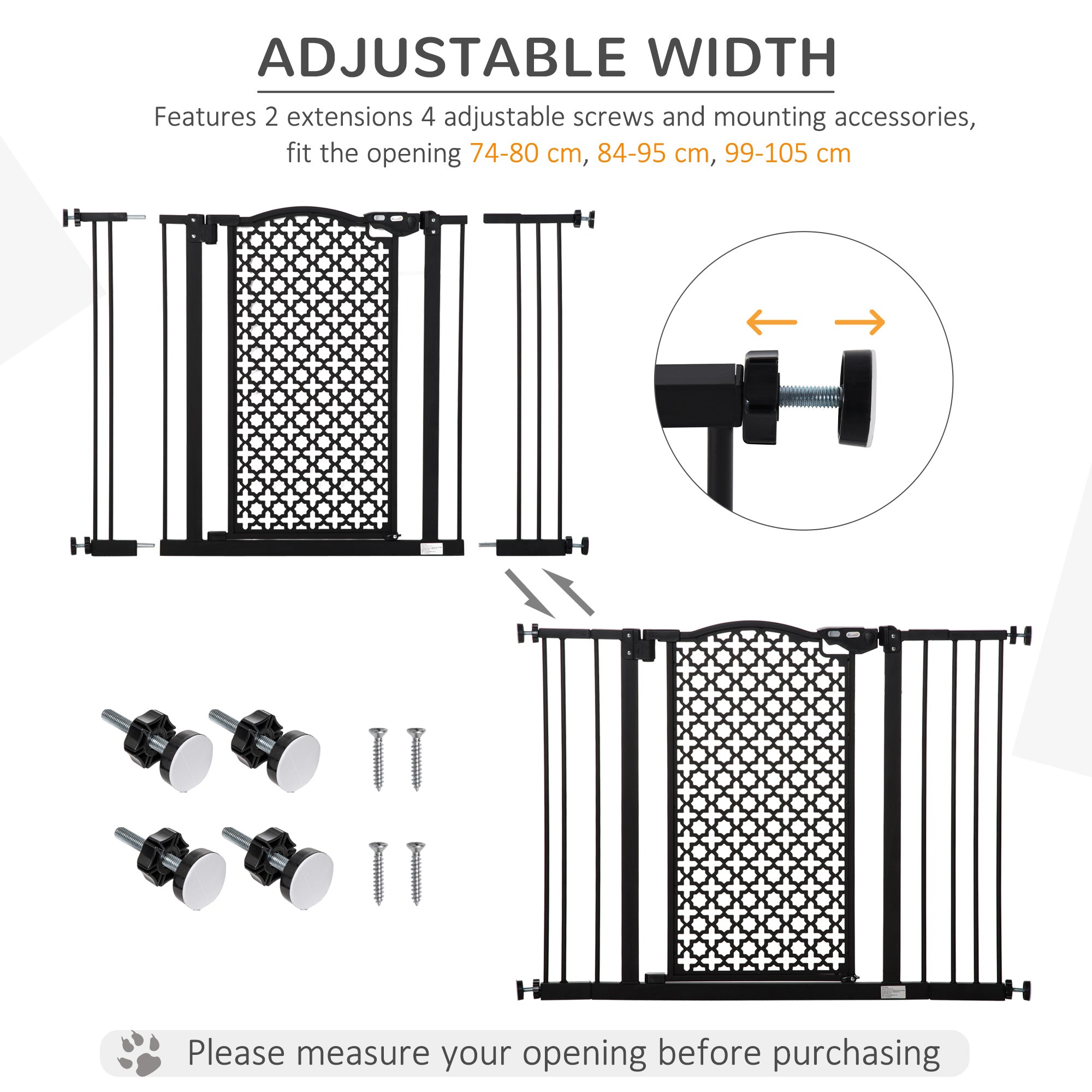 PawHut 74-105cm Pet Safety Gate Stair Barrier, with Auto Close, Double Locking - Black - North Peak Garden Furniture