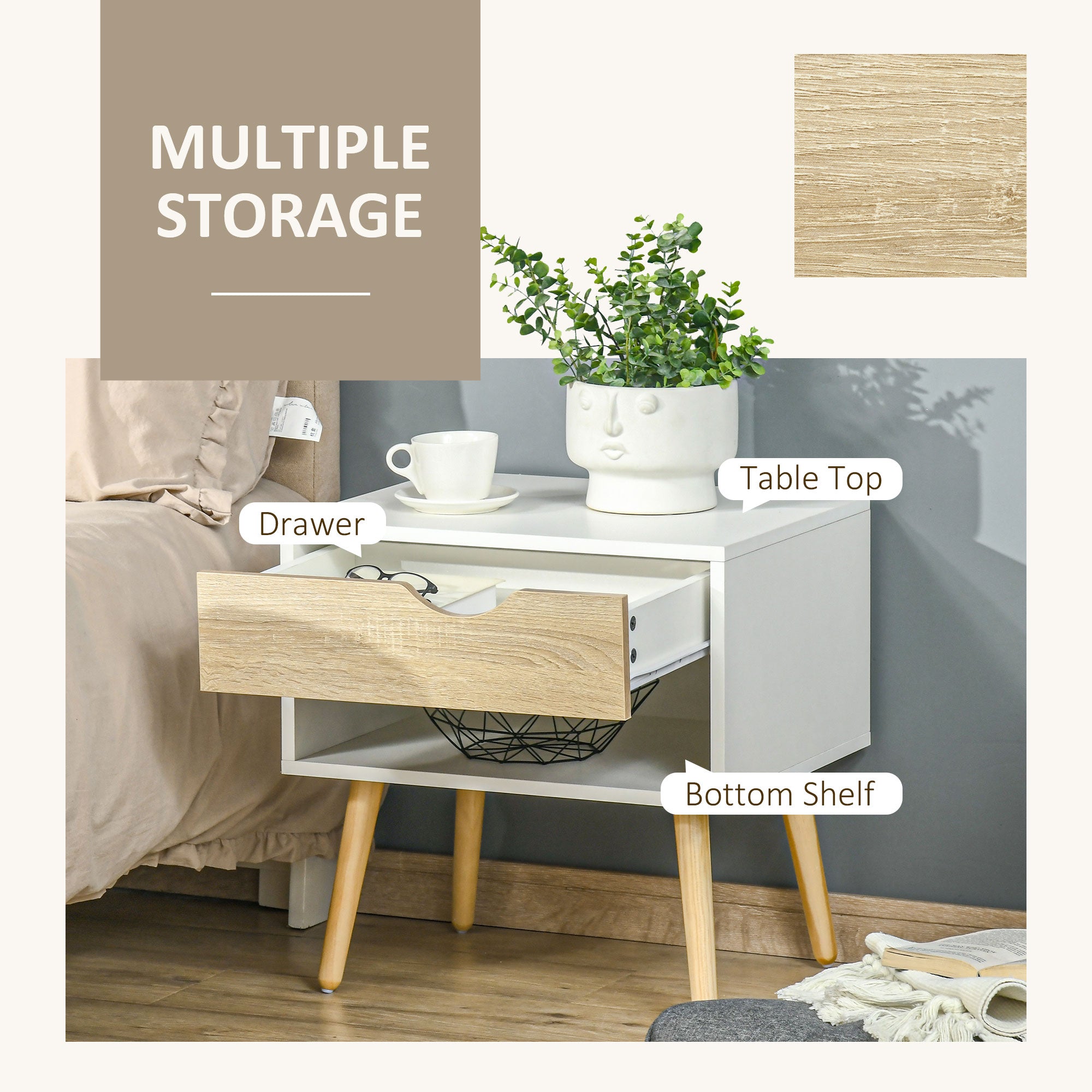 HOMCOM Bedside Table with Drawer and Shelf, Modern Nightstand, End Table for Bedroom, Living Room, Set of 2 - North Peak Garden Furniture