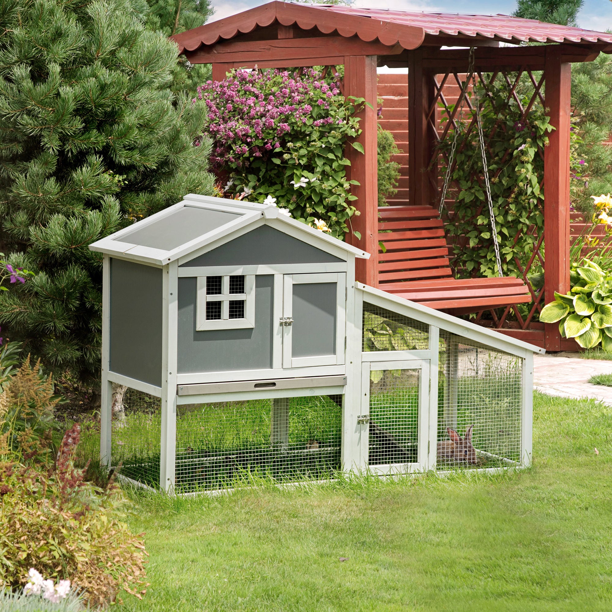 PawHut Two-Tier Rabbit Hutch, with Sunlight Panel Roof, Slide-Out Tray - Grey - North Peak Garden Furniture
