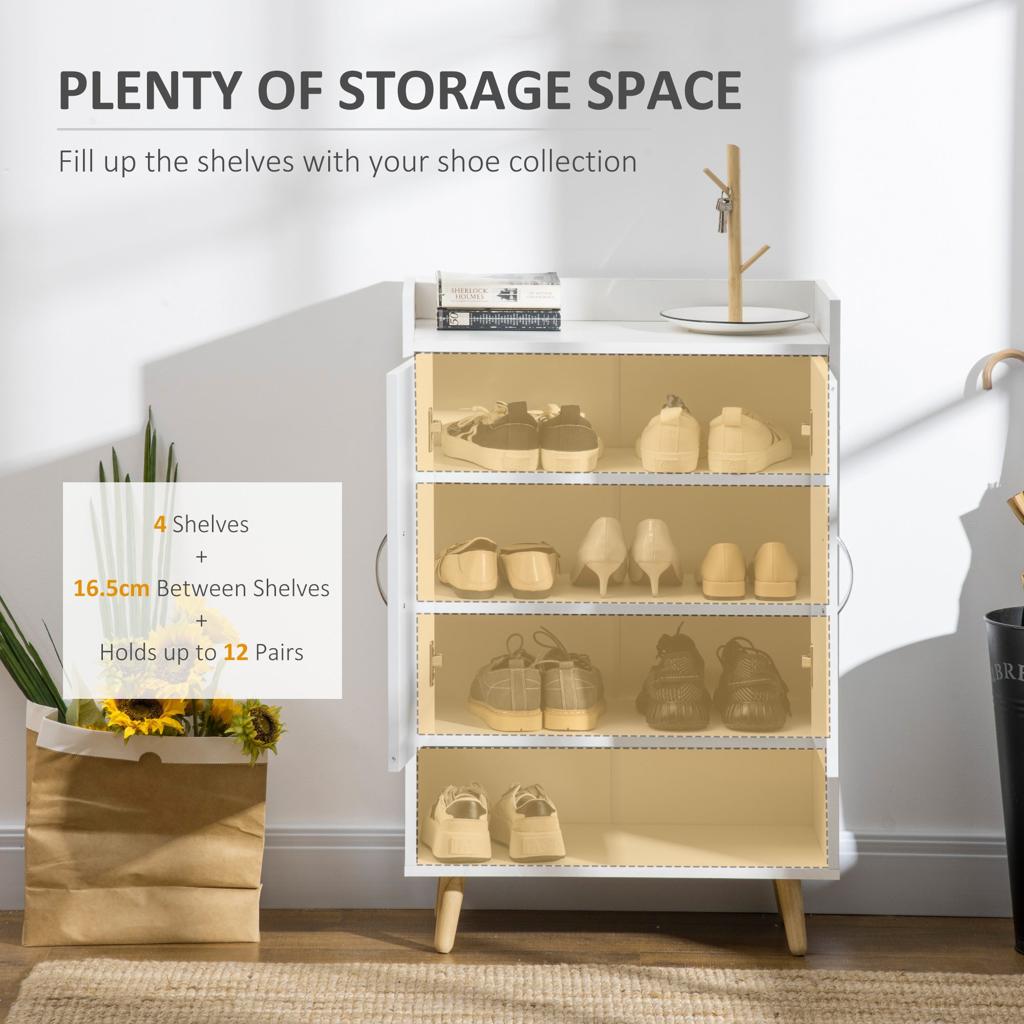 HOMCOM Modern Shoe Cabinet Storage Organizer with Doors and Shelves for Hallway & Entryway, 60L x 30W x 92Hcm, White - North Peak Garden Furniture