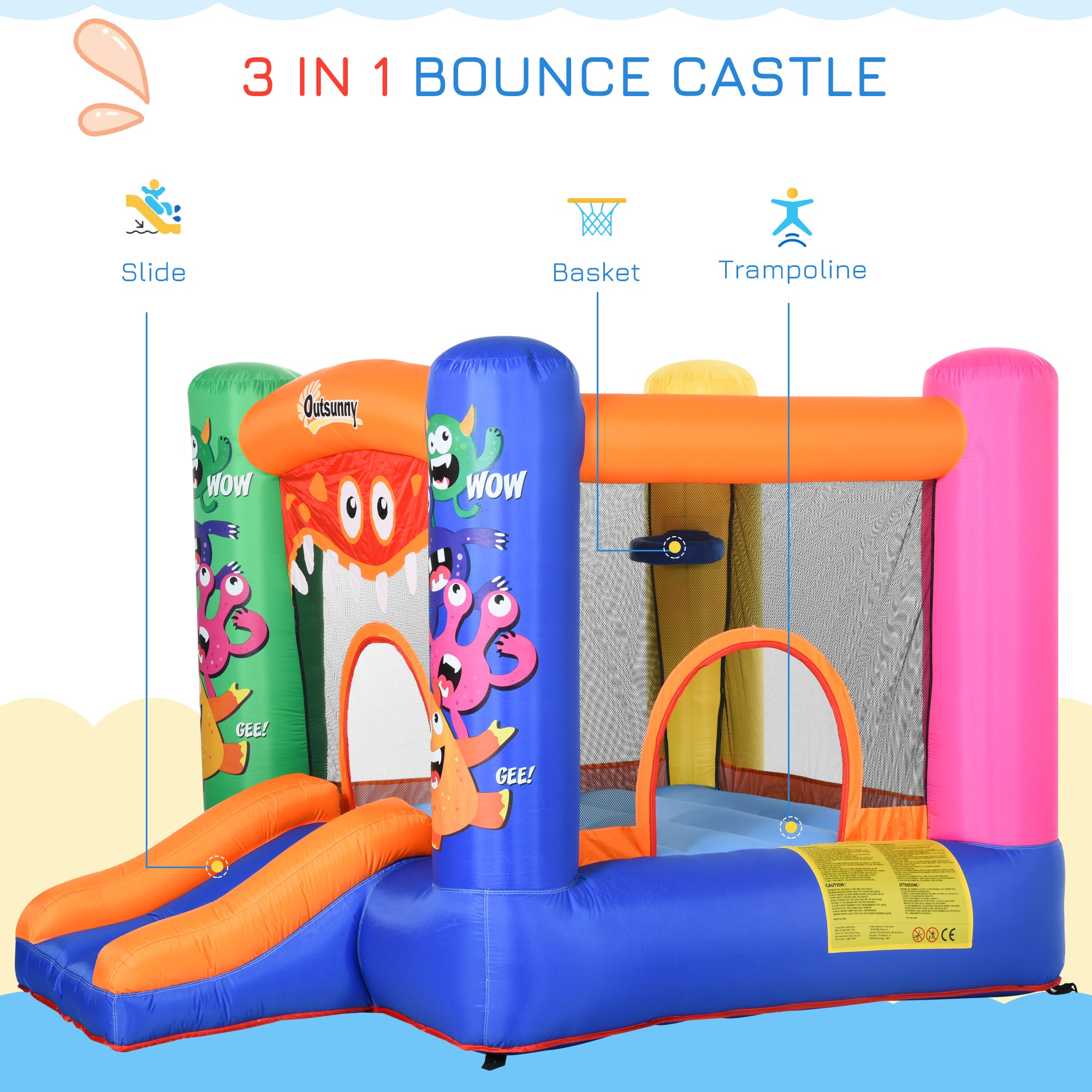 Outsunny Bouncy Castle Inflatable Basket Trampoline Slide Monster Design 180 x 250 x 175 (CM)