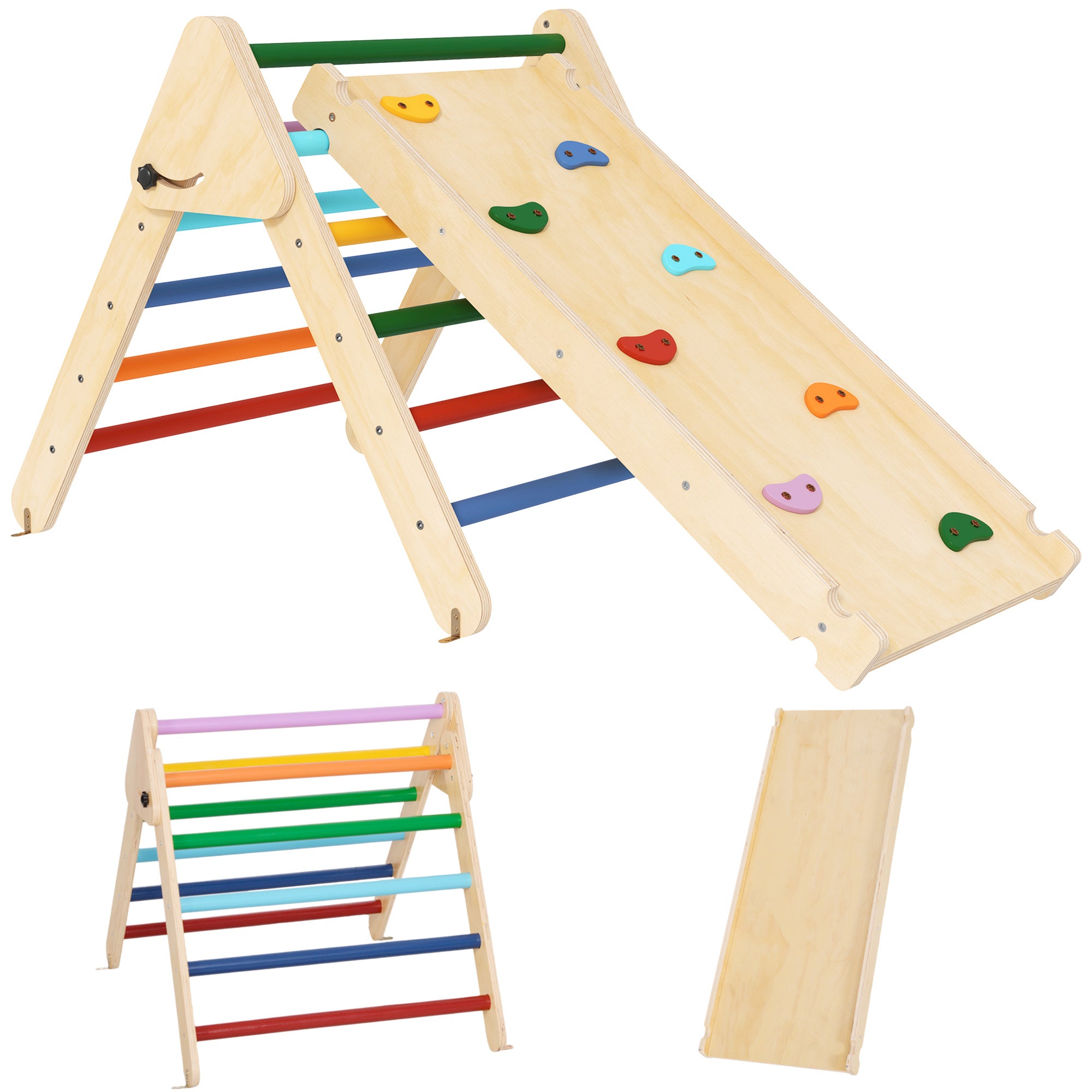AIYAPLAY Toddler Climbing Frame for Kids with Ramp, 3 in 1 Wooden Pikler Triangle Set for 18-48 Months, Multicolour