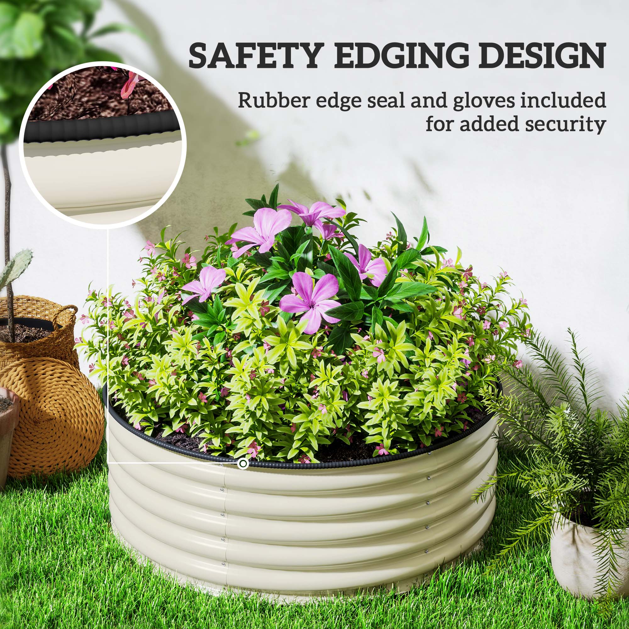 Outsunny Galvanised Raised Garden Bed with Safety Edging, Outdoor Raised Planter Box with Gloves, 120 x 120 x 43cm, Cream White - North Peak Garden Furniture
