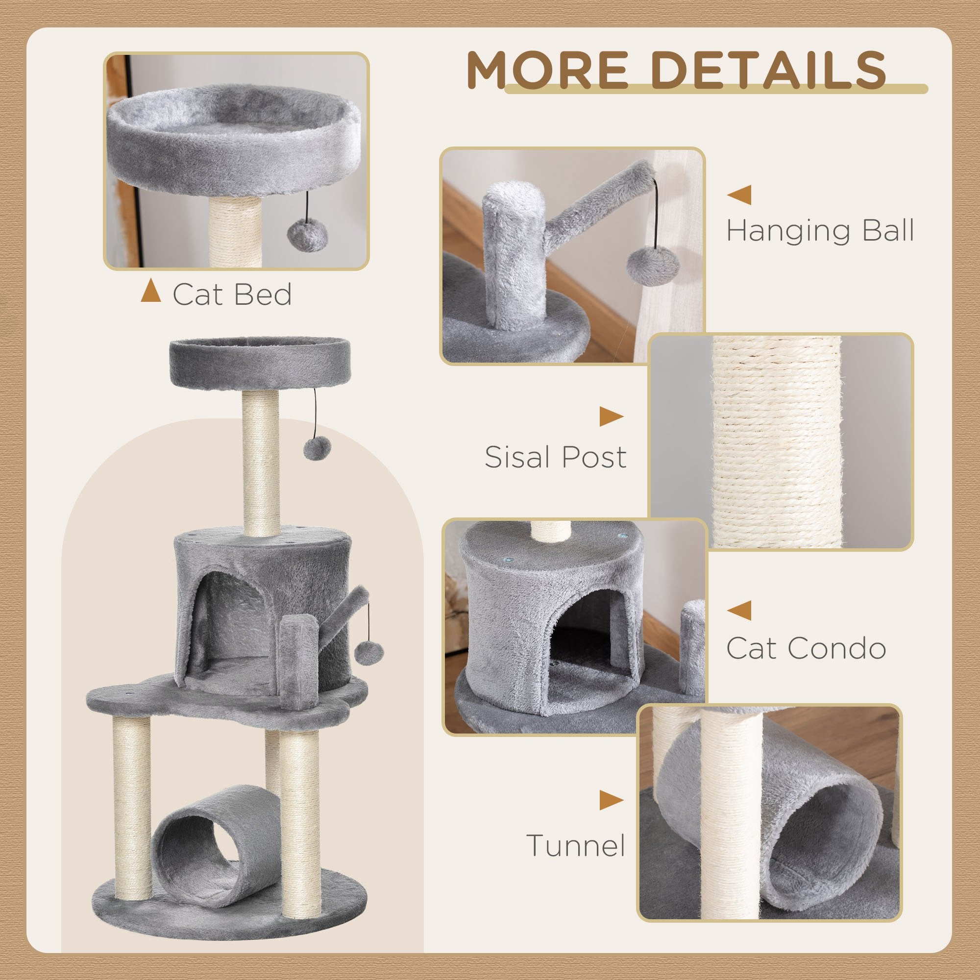 PawHut Cat Tree Tower for Indoor Cats Climbing Activity Center Kitten Furniture with Jute Scratching Post Bed Tunnel Perch Hanging Balls Grey