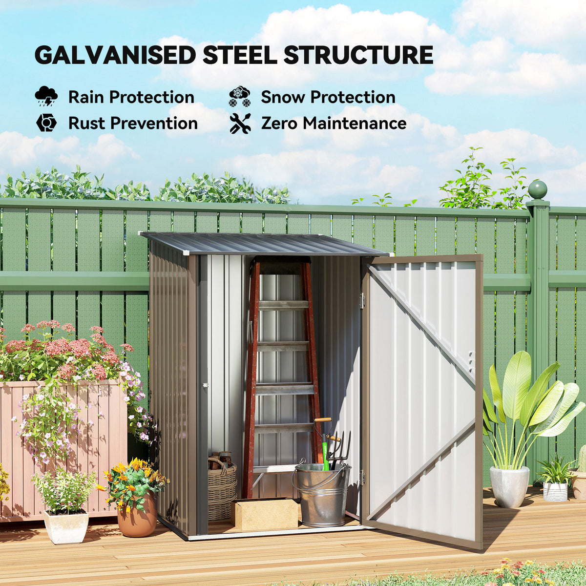 Outsunny 3.3 x 3.4ft Lean To Steel Garden Shed with Locking Door - Brown/Grey