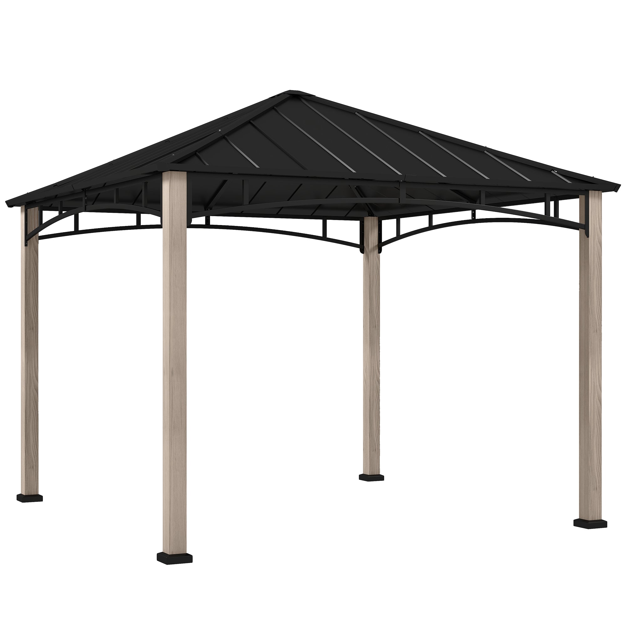 Outsunny 3 x 3 m Decorative Metal Gazebo - Black/Wood-Effect - North Peak Garden Furniture