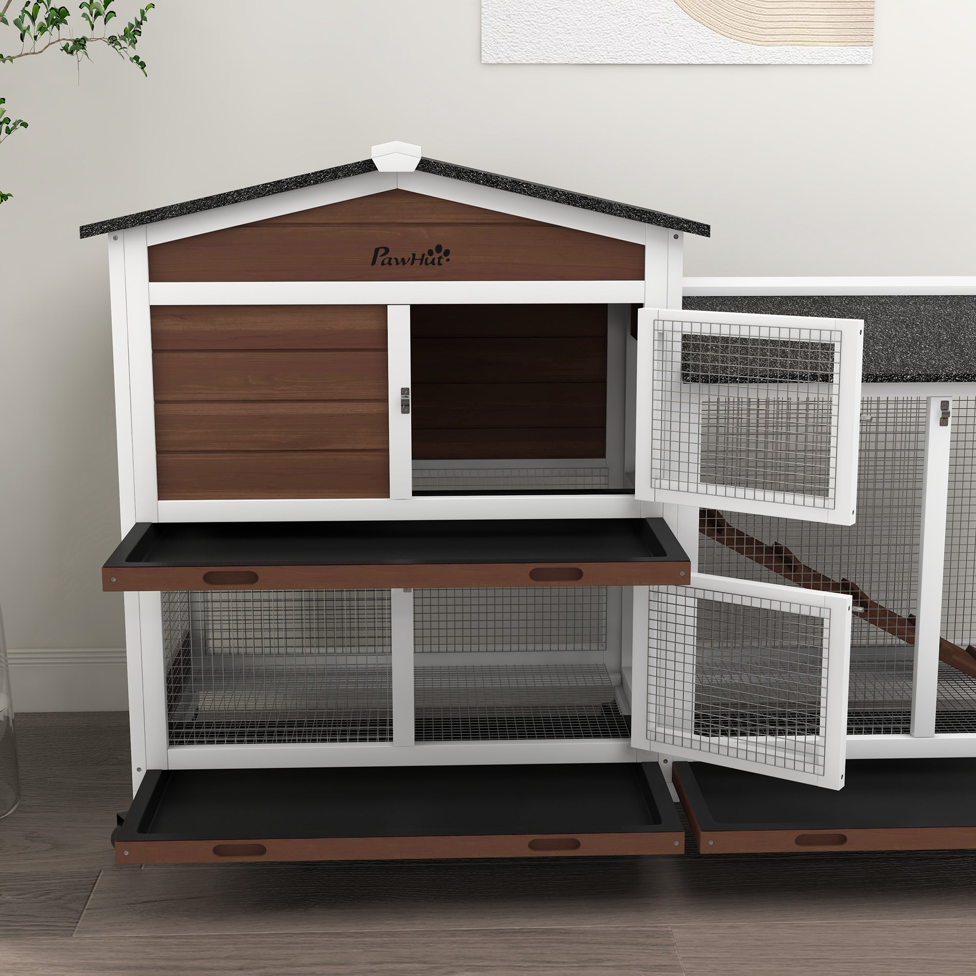 PawHut Wooden Two-Tier Pet Hutch with Wheels, Run - Brown - North Peak Garden Furniture