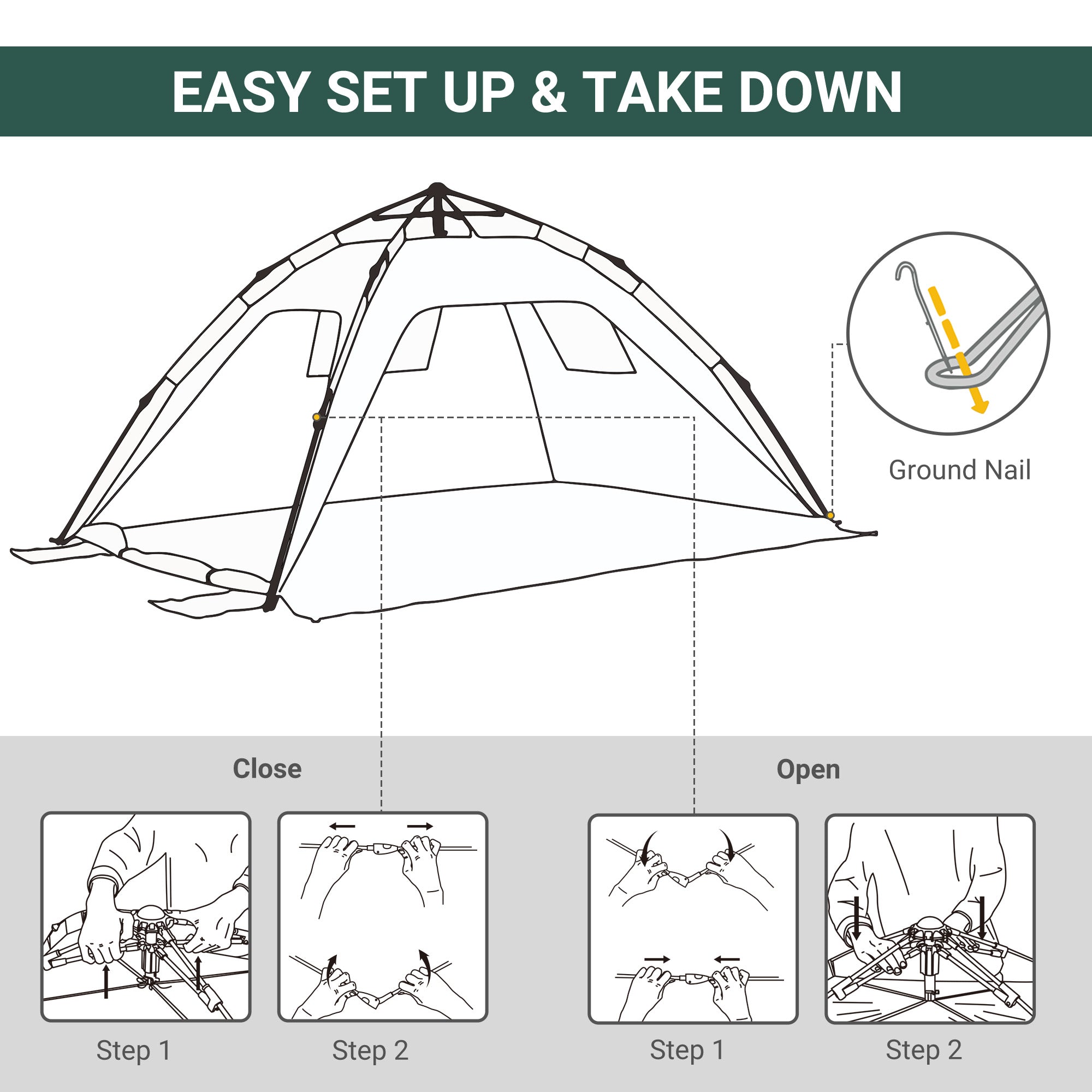 Outsunny Beach Tent for 1-2 Person Pop-up Design with 2 Mesh Windows & 2 Doors Dark Green - North Peak Garden Furniture