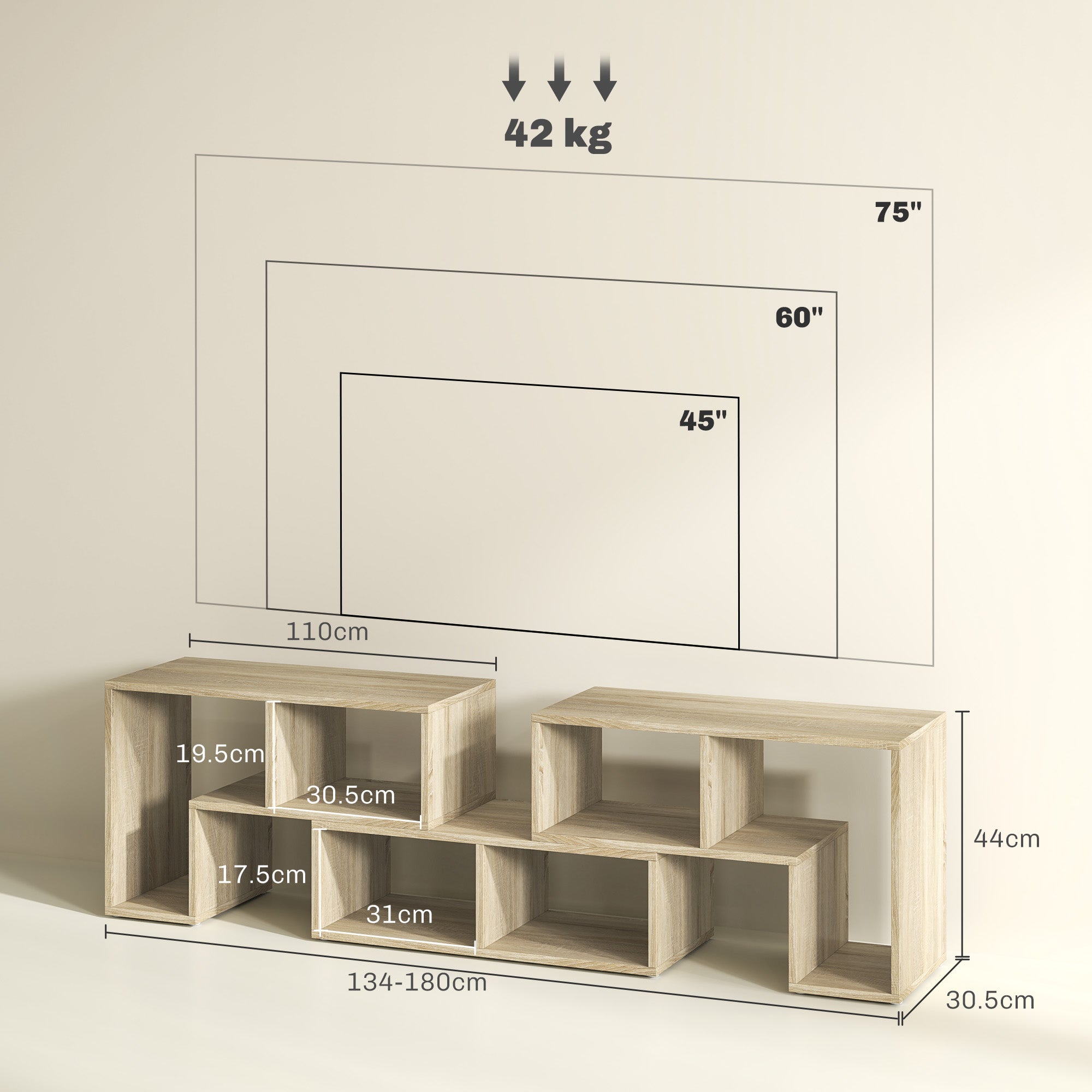 HOMCOM TV Stand for TVs up to 75 Inches, Free Combination TV Unit with Storage Shelves, Extendable Entertainment Centre for Living Room, Grey Oak Wood Grain - North Peak Garden Furniture