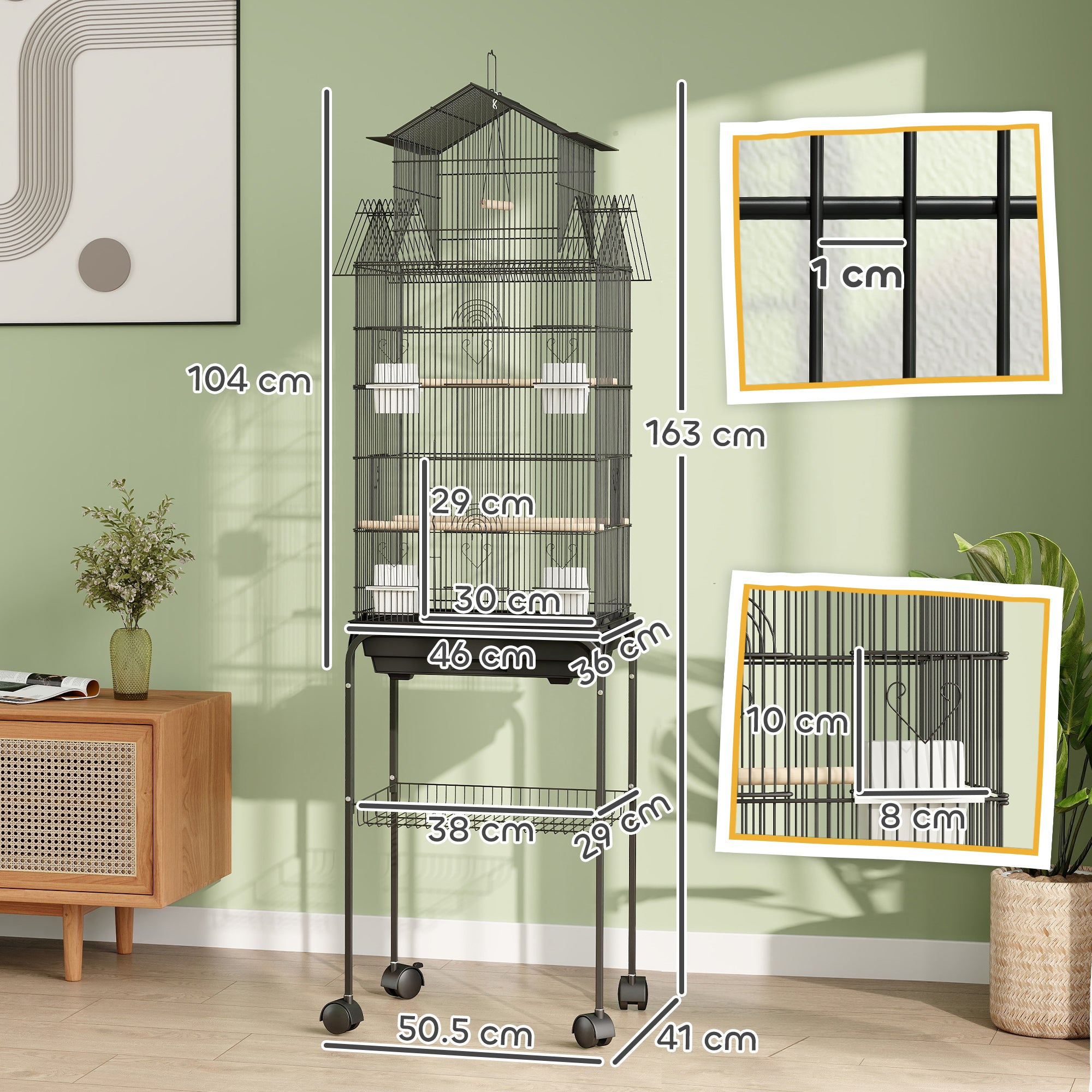 PawHut Metal Bird Cage with Plastic Swing, Perch, Food Container, Tray, Handle, for Finches, Canaries, Budgies, 43 x 32.5 x 163 - North Peak Garden Furniture