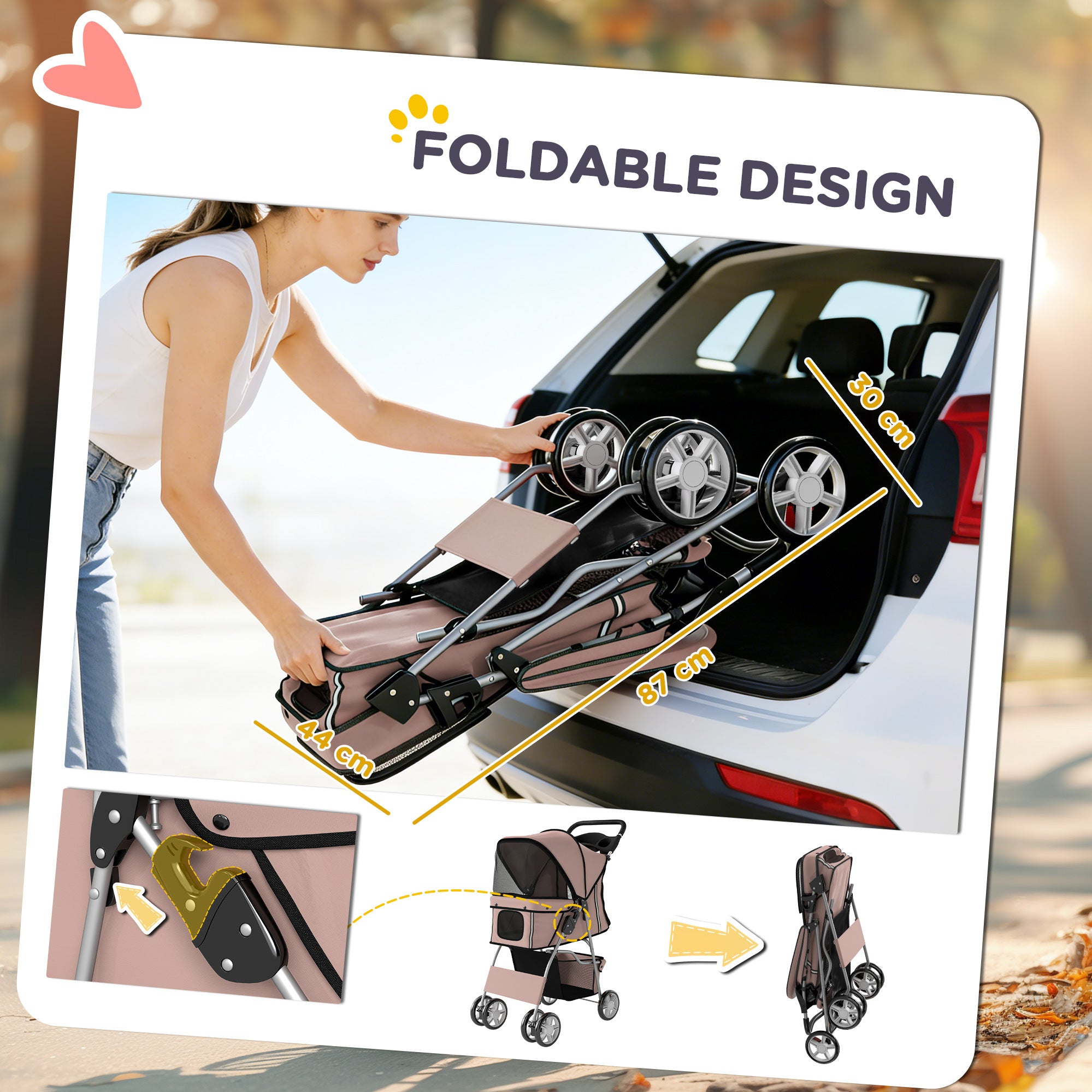 PawHut Dog Pram, Pet Stroller with Reflective Strips, Foldable Cat Stroller with 360° Swivel Wheels, Brown