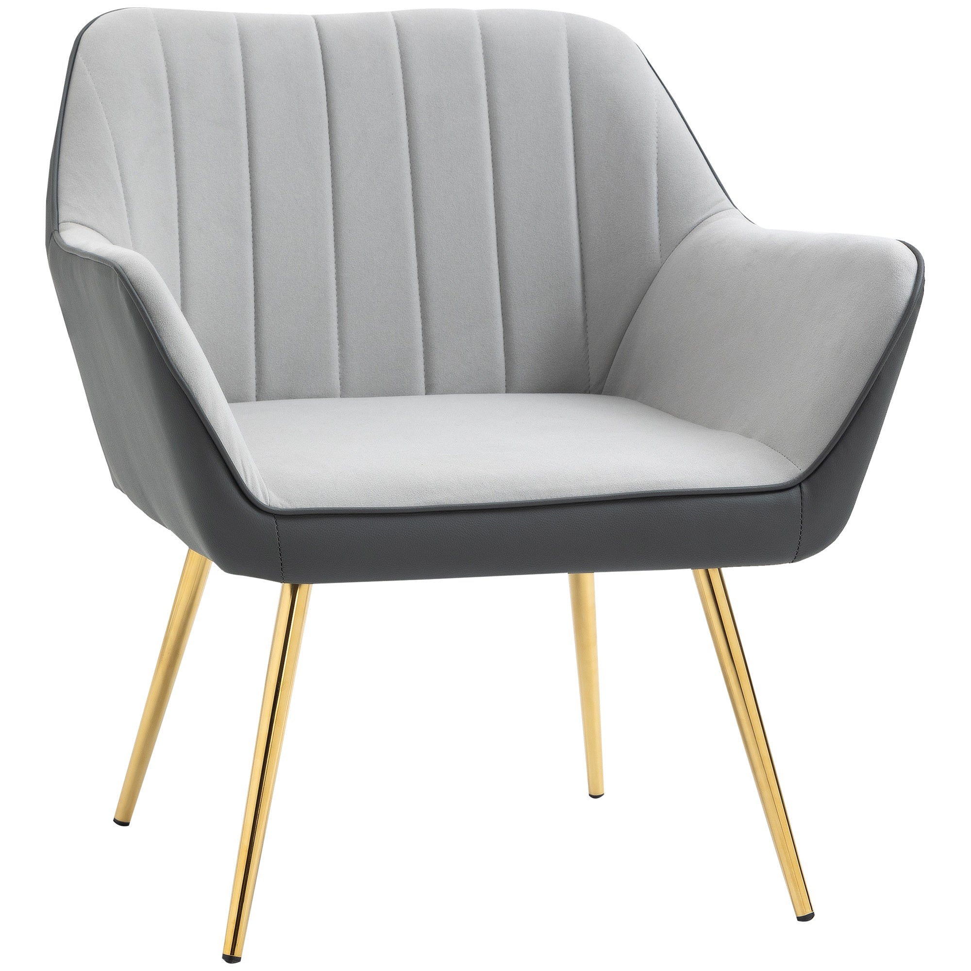 HOMCOM Velvet Armchairs, Upholstered Accent Chairs with Golden Steel Legs, Modern Vanity Chairs for Living Room and Bedroom, Light Grey - North Peak Garden Furniture