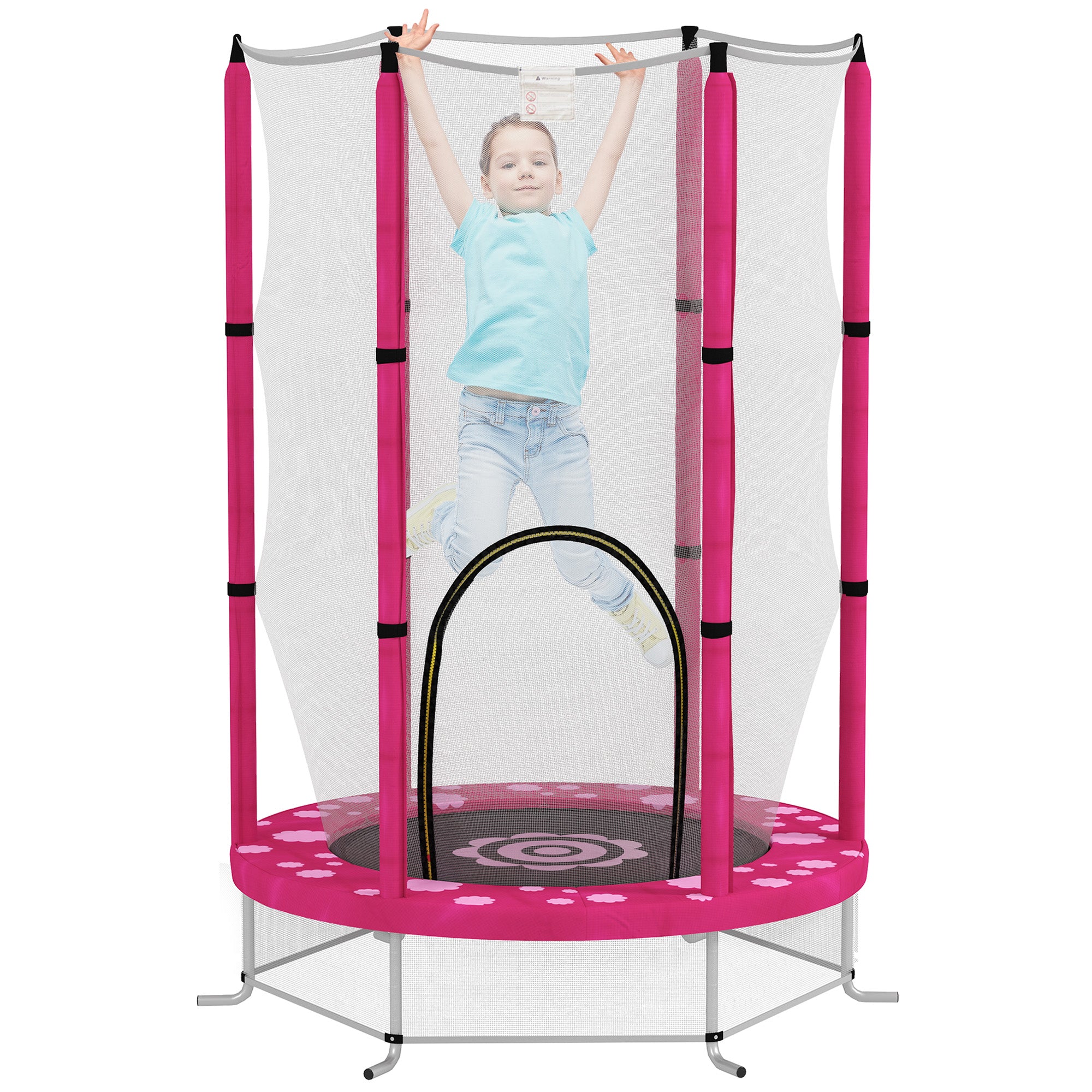 AIYAPLAY 4.6FT Toddler Trampoline w/ Safety Enclosure Net, for Indoor Outdoor Use, Ages 3-6 Years, Sun Pattern - Pink - North Peak Garden Furniture