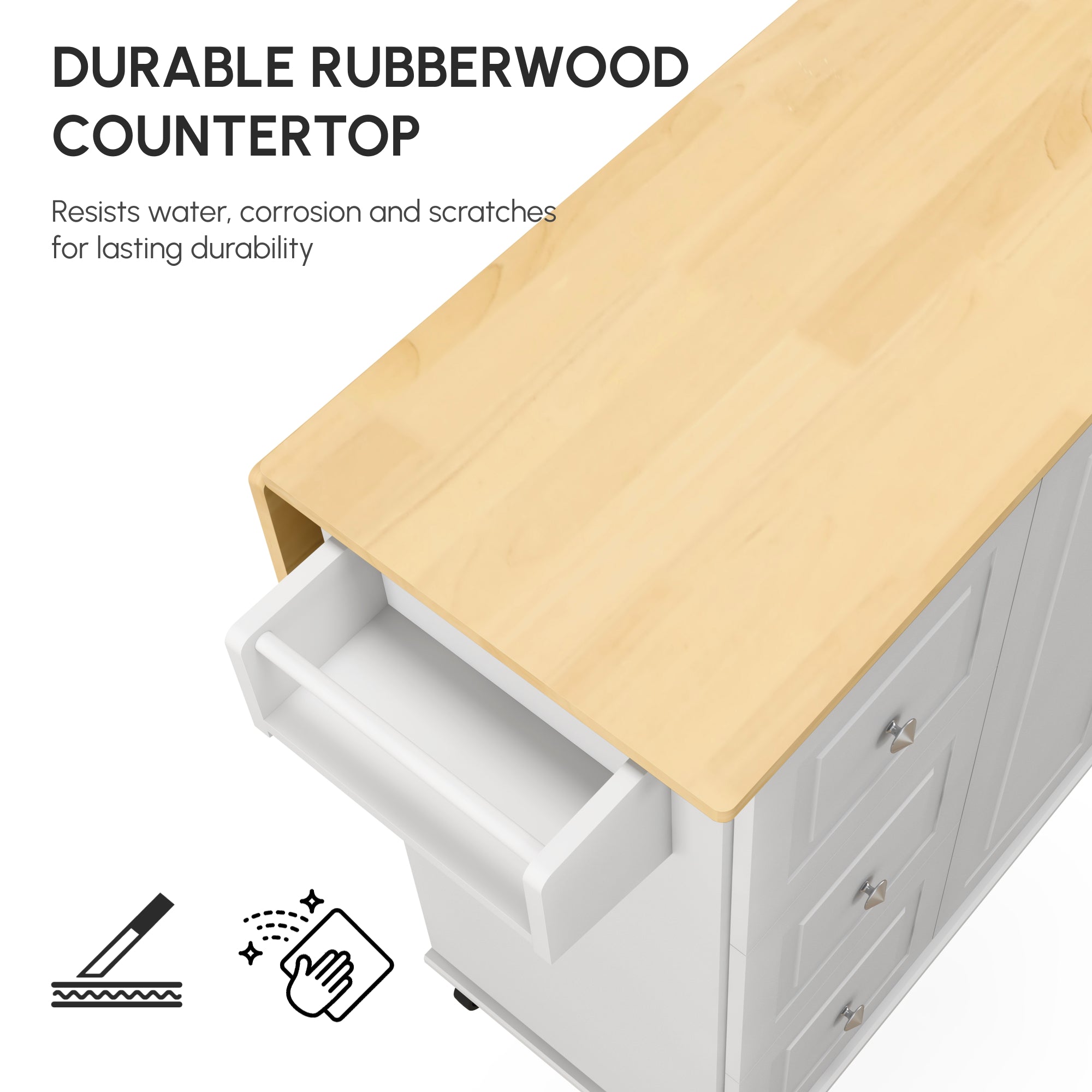 HOMCOM Kitchen Island with Drop Leaf, Rolling Kitchen Storage Trolley on Wheels with 3 Drawers, Spice Rack and Towel Rack, Storage Cart with Rubber Wood Top, White - North Peak Garden Furniture