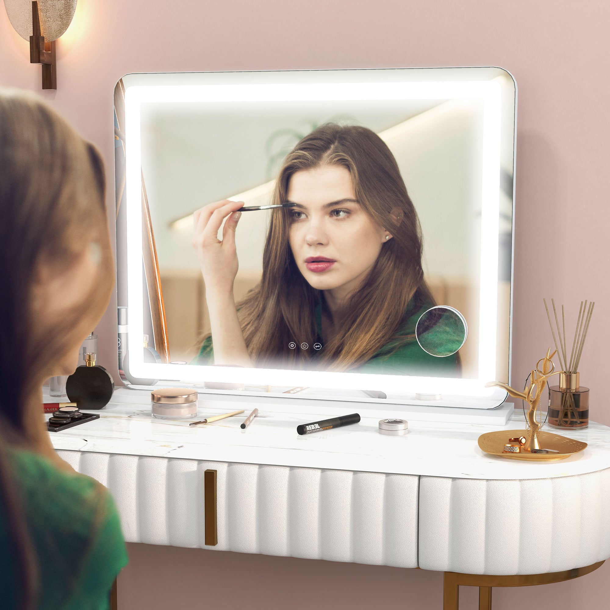 HOMCOM Vanity Mirror with Lights, Large Lighted Makeup Mirror with 3 Colour Lighting Modes, 10X Magnifying, USB Charging Port, Touch Screen, Tabletop or Wall Mounted Design for Bedroom, White - North Peak Garden Furniture