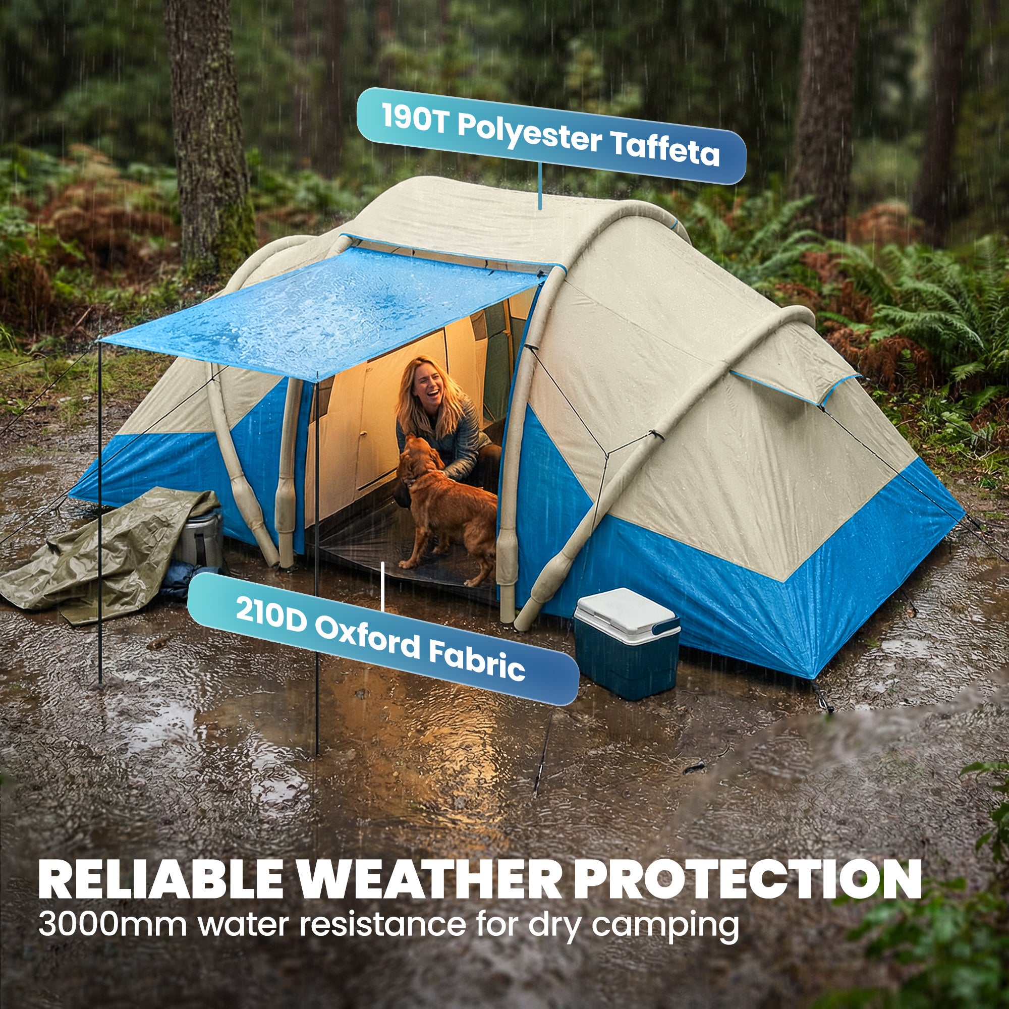 Outsunny Inflatable Tent 2 Bedroom 3000mm Waterproof Windproof Air Tent with Carry Bag for 2-4 Person