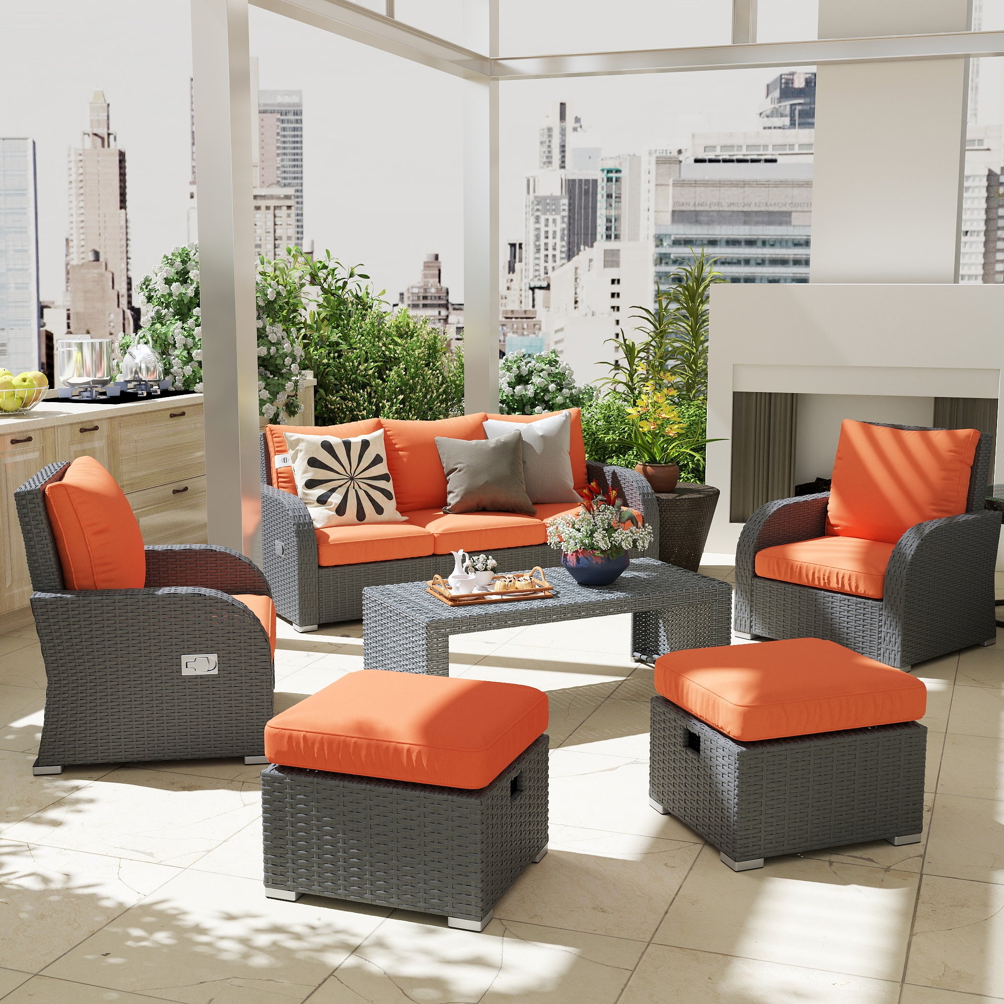 Outsunny Six-piece Outdoor Rattan Dining Set, with Reclining Armchairs - Orange - North Peak Garden Furniture
