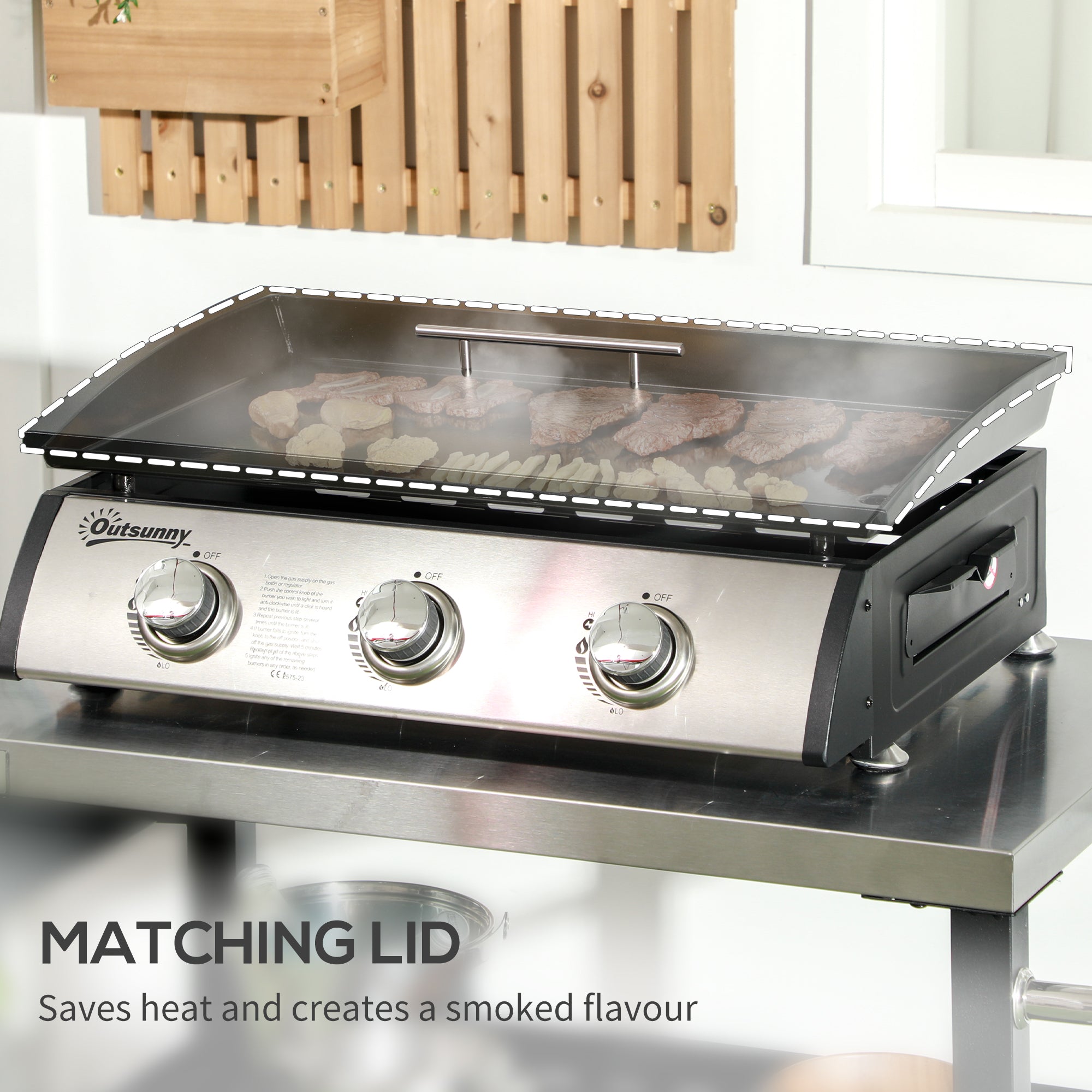 Outsunny 3 Burner Gas Plancha BBQ Grill with Lid, Black - North Peak Garden Furniture