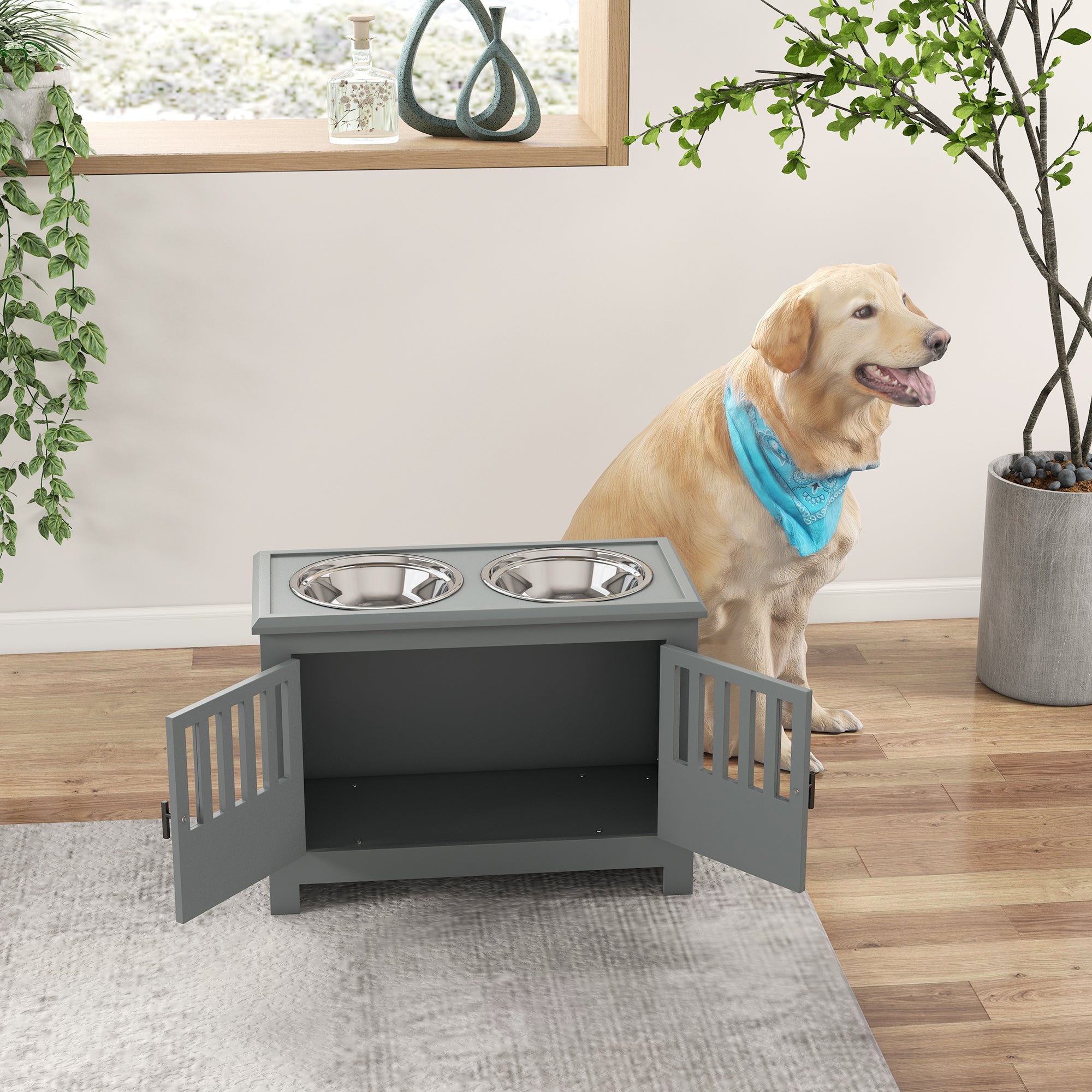 PawHut Raised Dog Bowls, Pet Feeding Station, with Storage, Food and Water Bowls, for Large Dogs - Grey - North Peak Garden Furniture