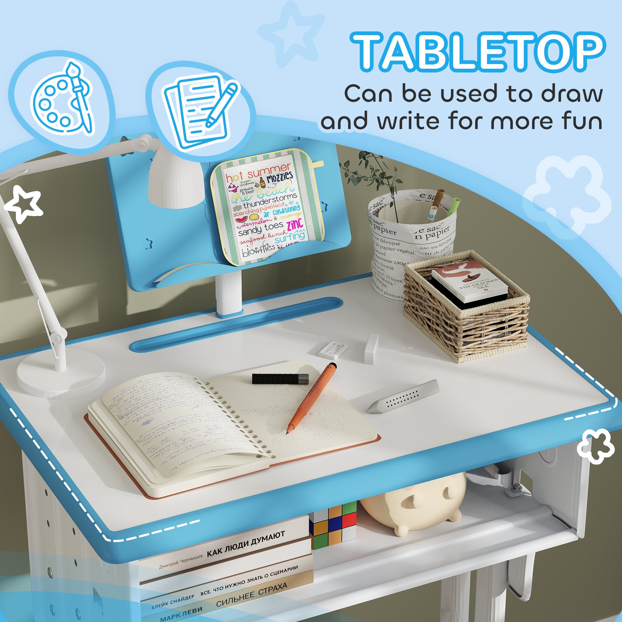 HOMCOM Kids Adjustable Desk and Chair Set, Book Stand, Pen Slot - Blue - North Peak Garden Furniture