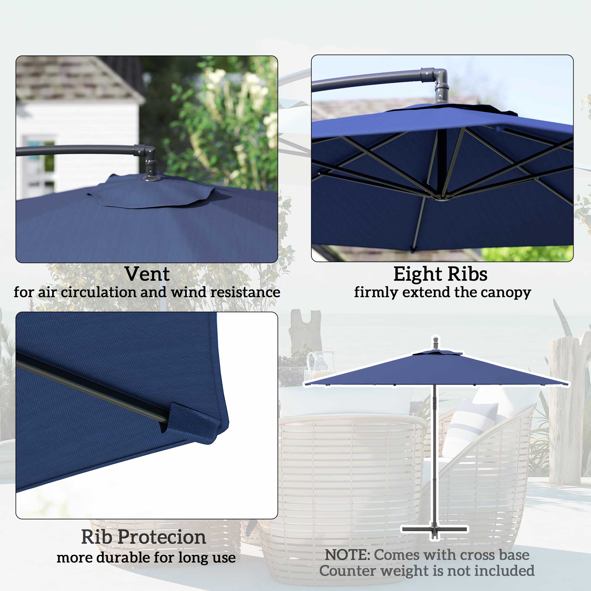 Outsunny 2.45m Overhanging Cantilever Parasol, with Cross Base - Blue - North Peak Garden Furniture