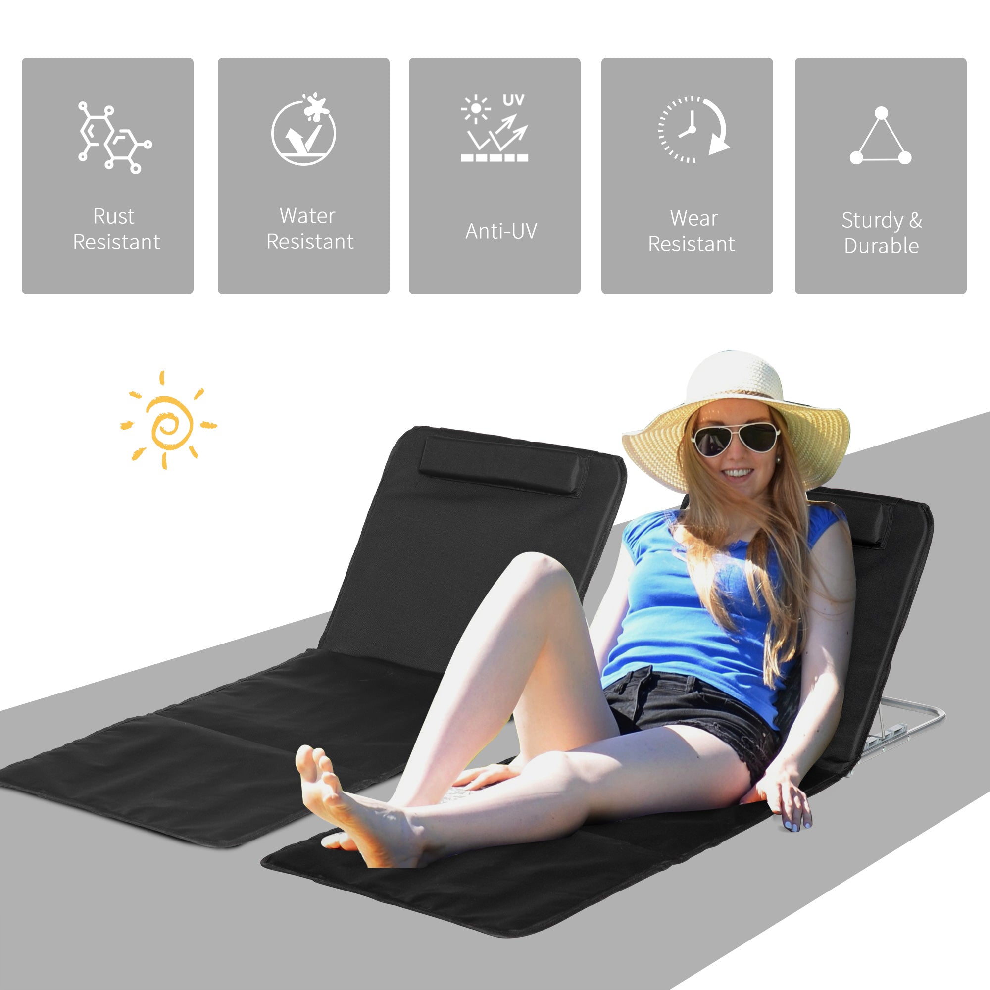 Outsunny Set of 2 Foldable Garden Beach Chair Mat Lightweight Outdoor Sun Lounger Seats Adjustable Back Metal Frame PE Fabric Head Pillow w/ Carry Bag, Black - North Peak Garden Furniture