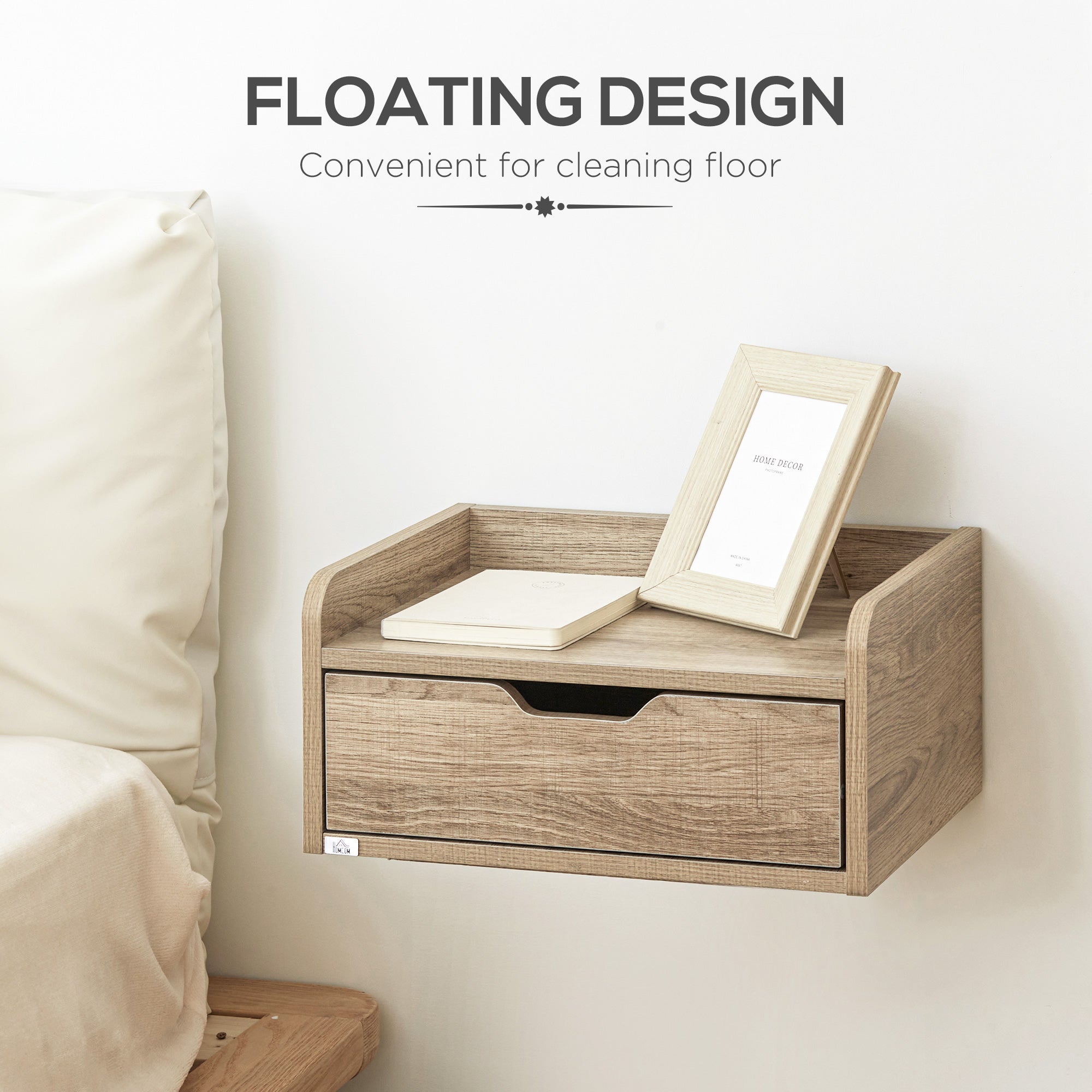 HOMCOM Floating Nightstand Set of 2 Wall Mounted Bedside Table with Storage Drawer for Bedroom, Natural - North Peak Garden Furniture
