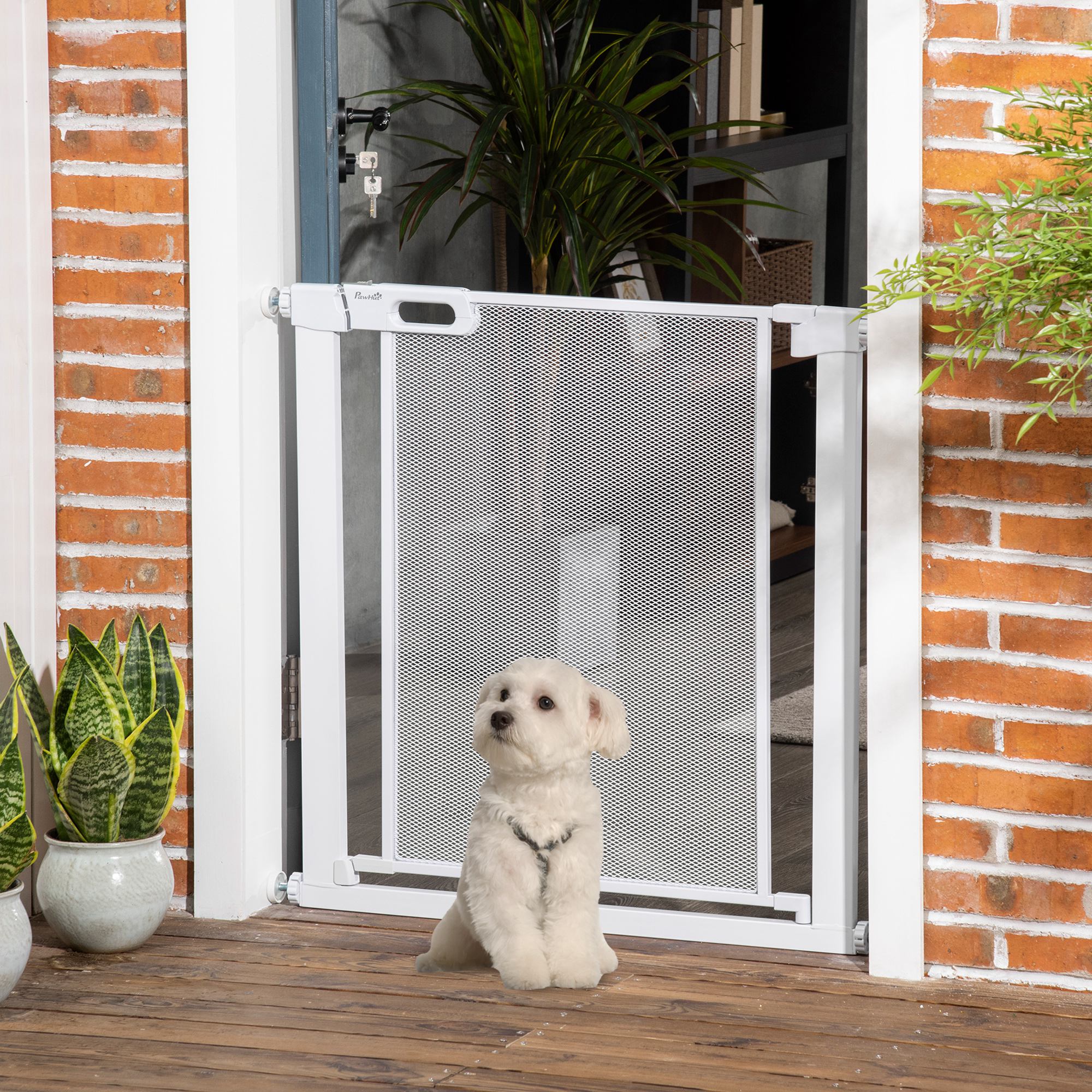 PawHut Pet Safety Gate, for Doorways, Staircases, Hallways, with 75-82cm Adjustable Width - White - North Peak Garden Furniture
