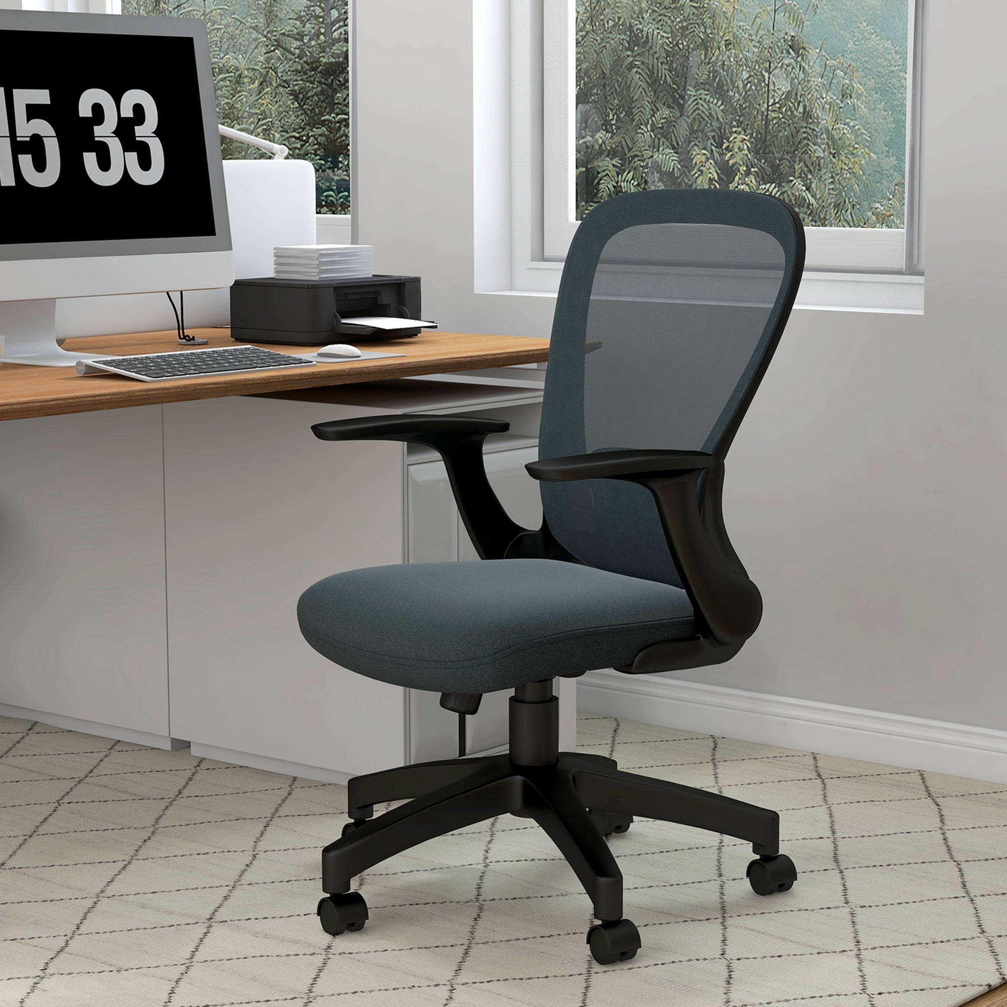 Vinsetto Ergonomic Office Chair, Mesh Desk Chair with Flip-up Armrest, Lumbar Back Support, Swivel Wheels, Grey - North Peak Garden Furniture