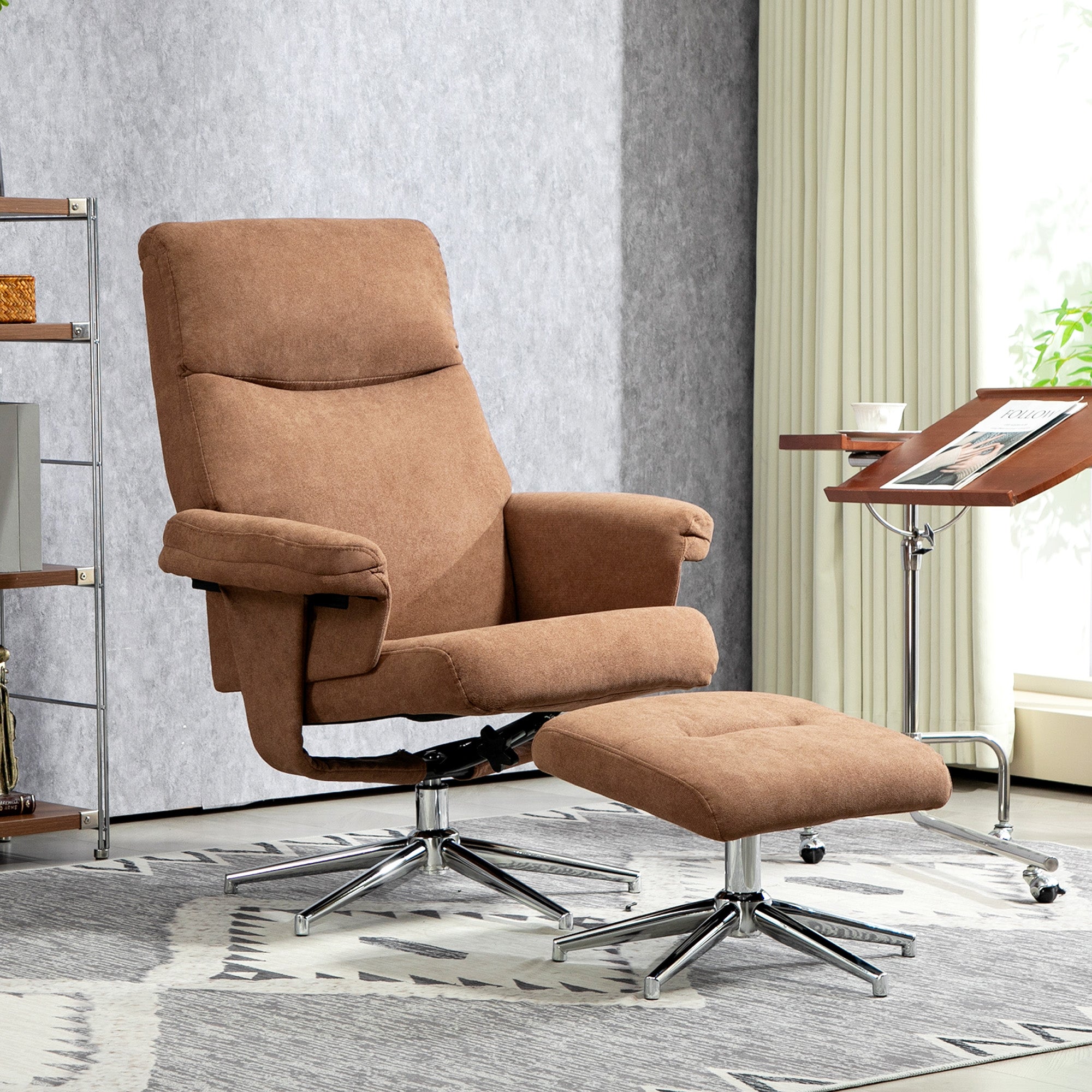 HOMCOM Recliner Chair with Footstool, Upholstered Velvet Fabric Armchair with Adjustable Back, Solid Wood Frame for Living Room, Light Brown