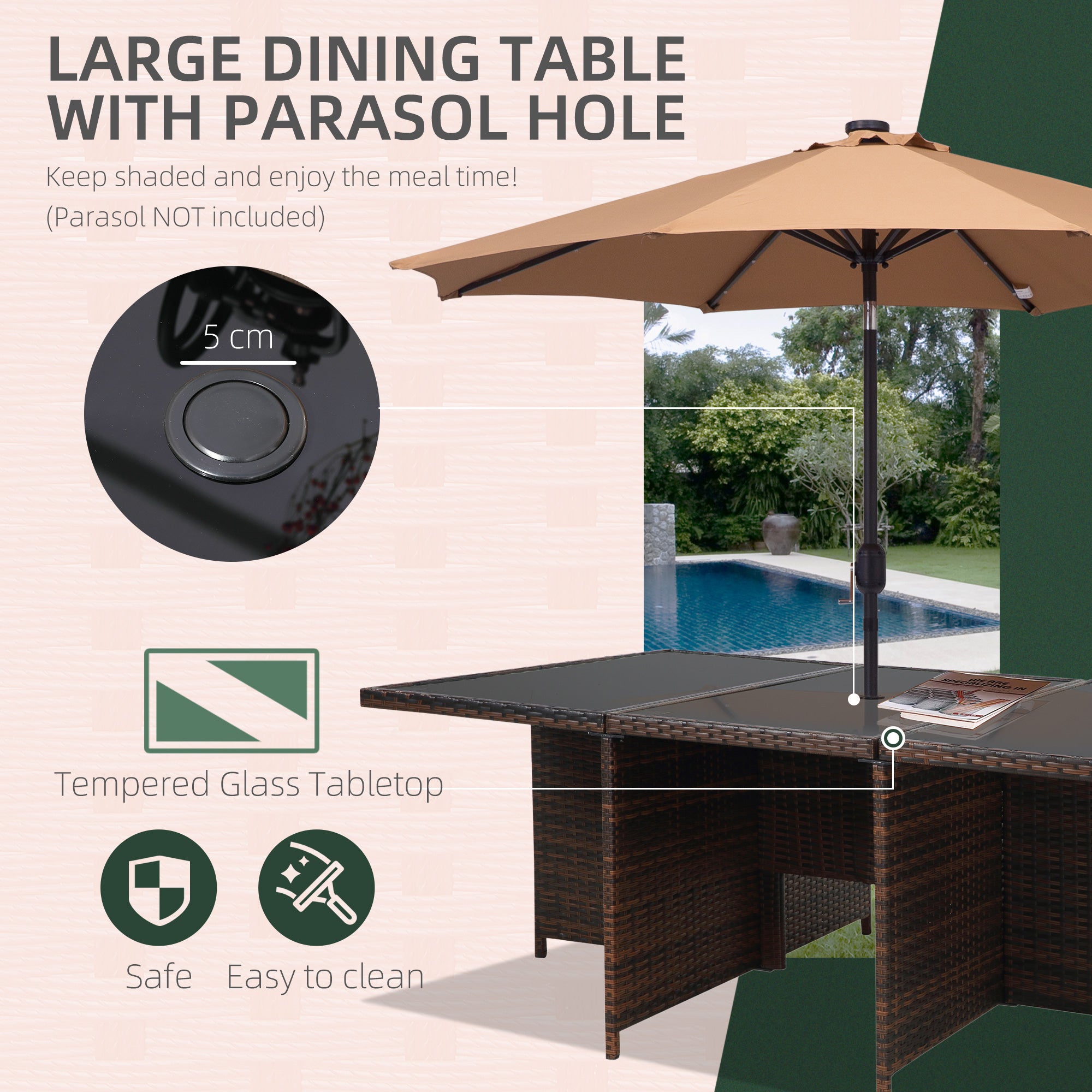 Outsunny 10 Seater Rattan Cube Garden Furniture Set with Parasol Hole, Rattan Dining Set with Cushions, Outdoor Dining Table and Chairs with Rectangular Glass Top Table for Patio, Mixed Brown - North Peak Garden Furniture