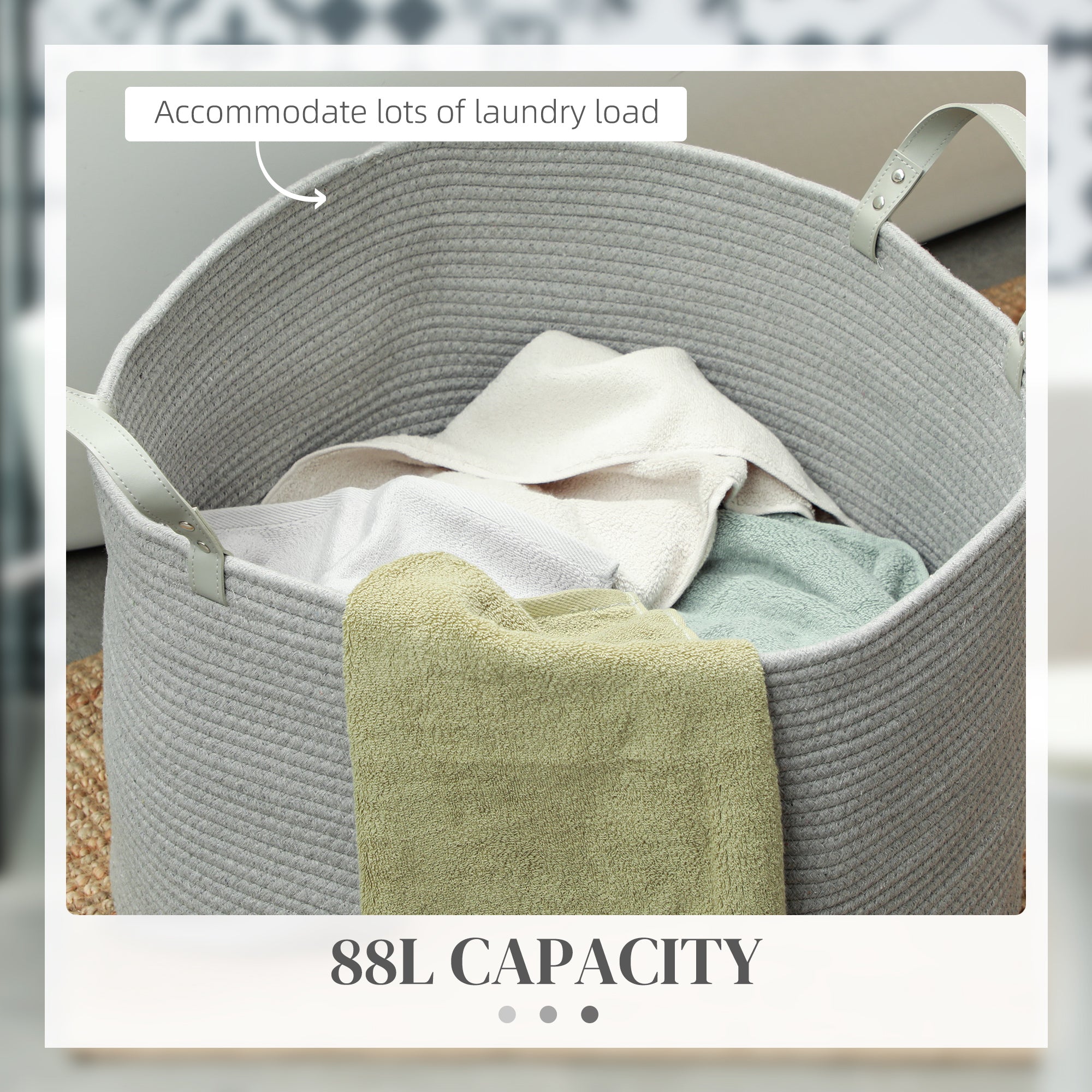 HOMCOM 88L Cotton Rope Laundry Basket, with Handles - Grey - North Peak Garden Furniture