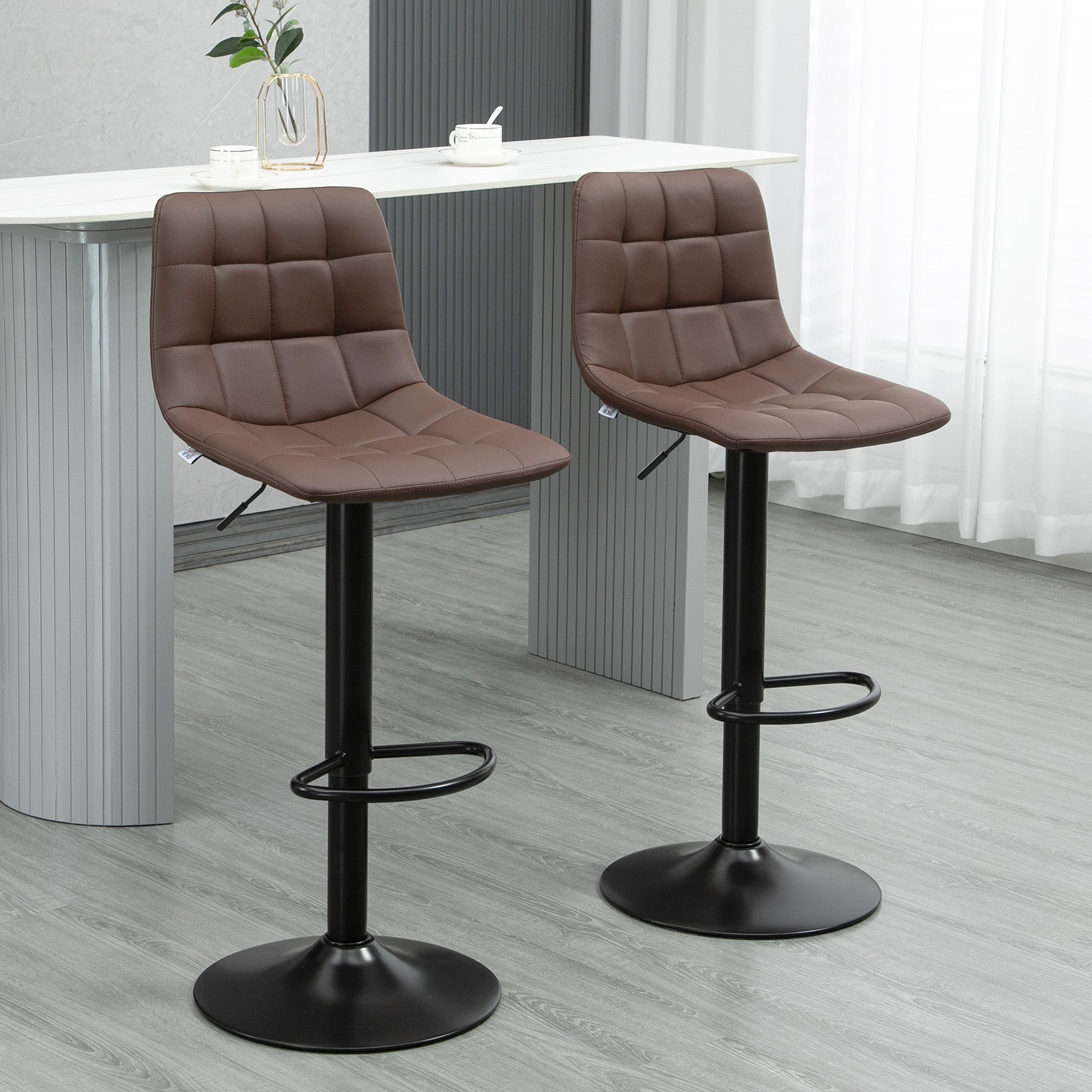 HOMCOM Adjustable Bar Stools Set of 2, Swivel PU Leather Upholstered Barstools with Tufted Seat and Back, Breakfast Bar Chairs for Kitchen Counter, Brown - North Peak Garden Furniture