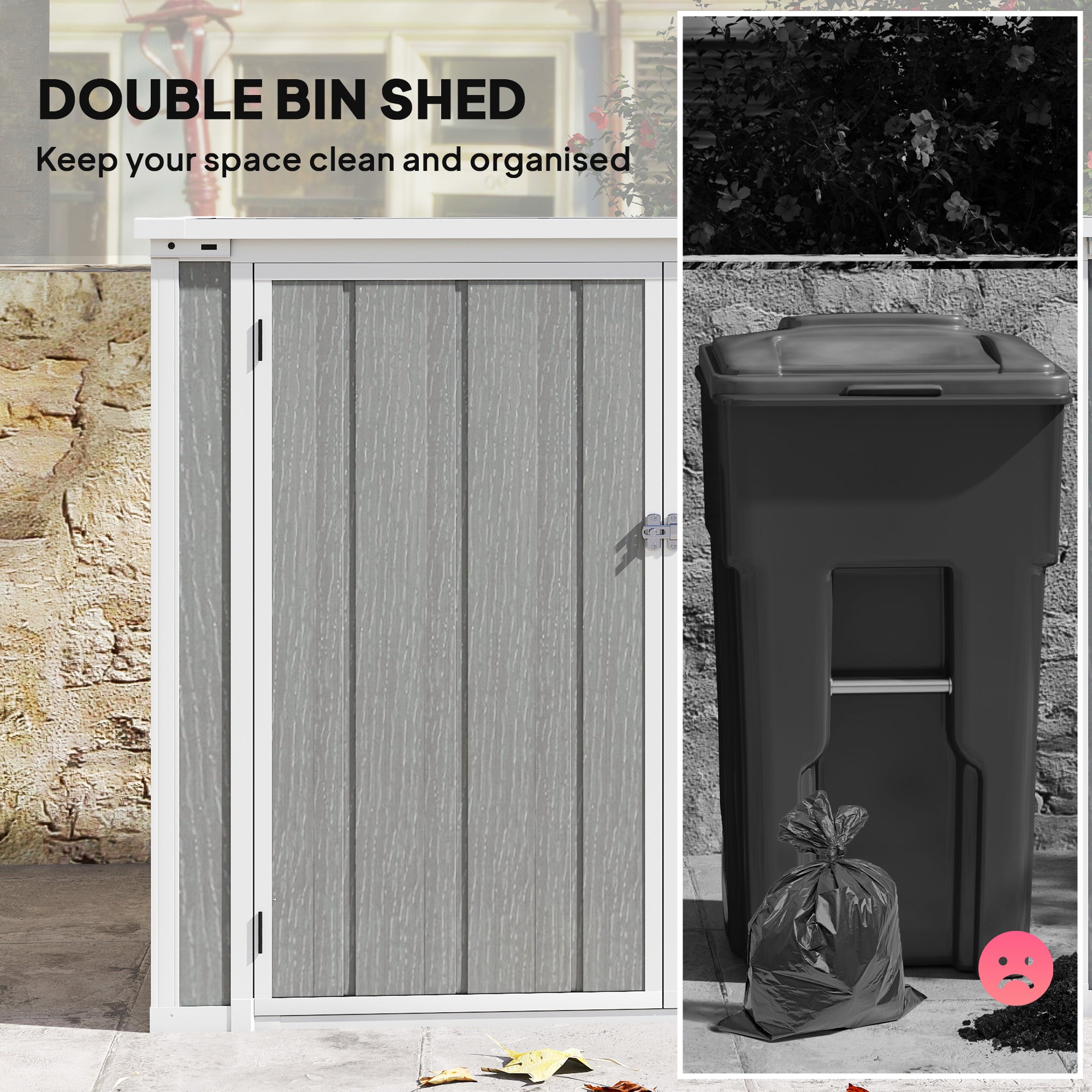 Outsunny 4.7 x 2.5FT Garden Shed, Double Bin Storage Shed with Lockable Doors, Outdoor Small Shed with Openable Lid for 2 Trash Cans, Garden Tools, Grey