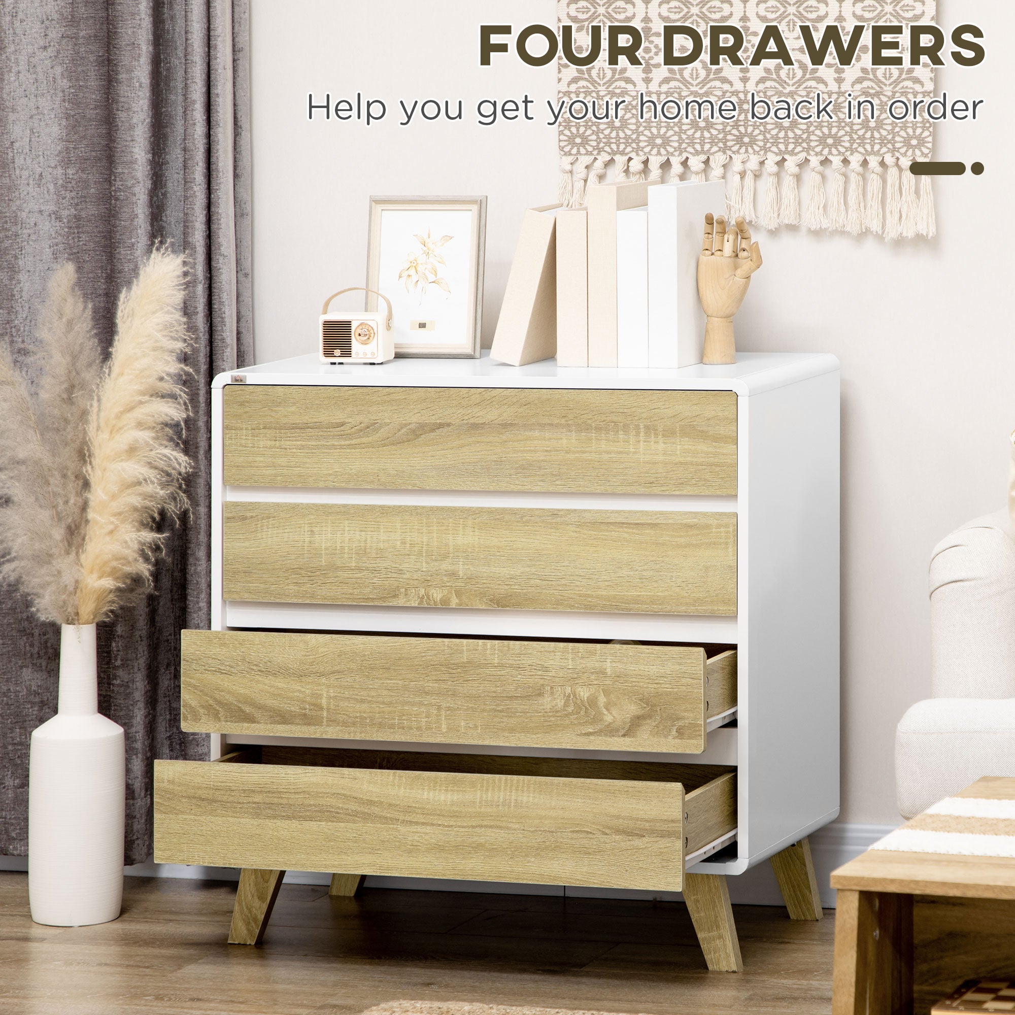 HOMCOM Drawer Chest, 4-Drawer Storage Organiser for Bedroom, Living Room, 80cmx40cmx79.5cm, White and Natural - North Peak Garden Furniture