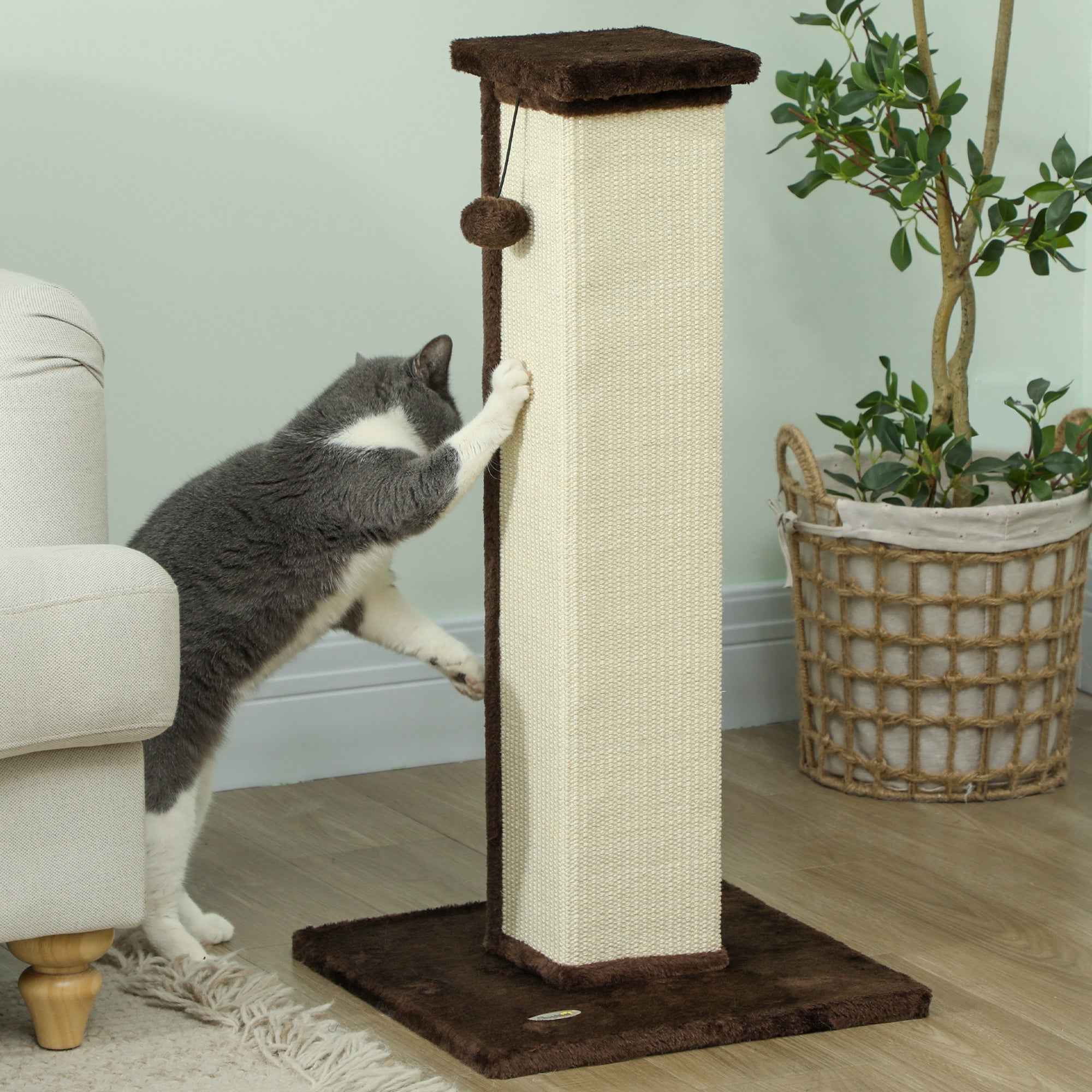 PawHut 81cm Cat Scratcher, Vertical Full Scratcher w/ Natural Sisal Rope, Hanging Ball, Soft Plush - Brown