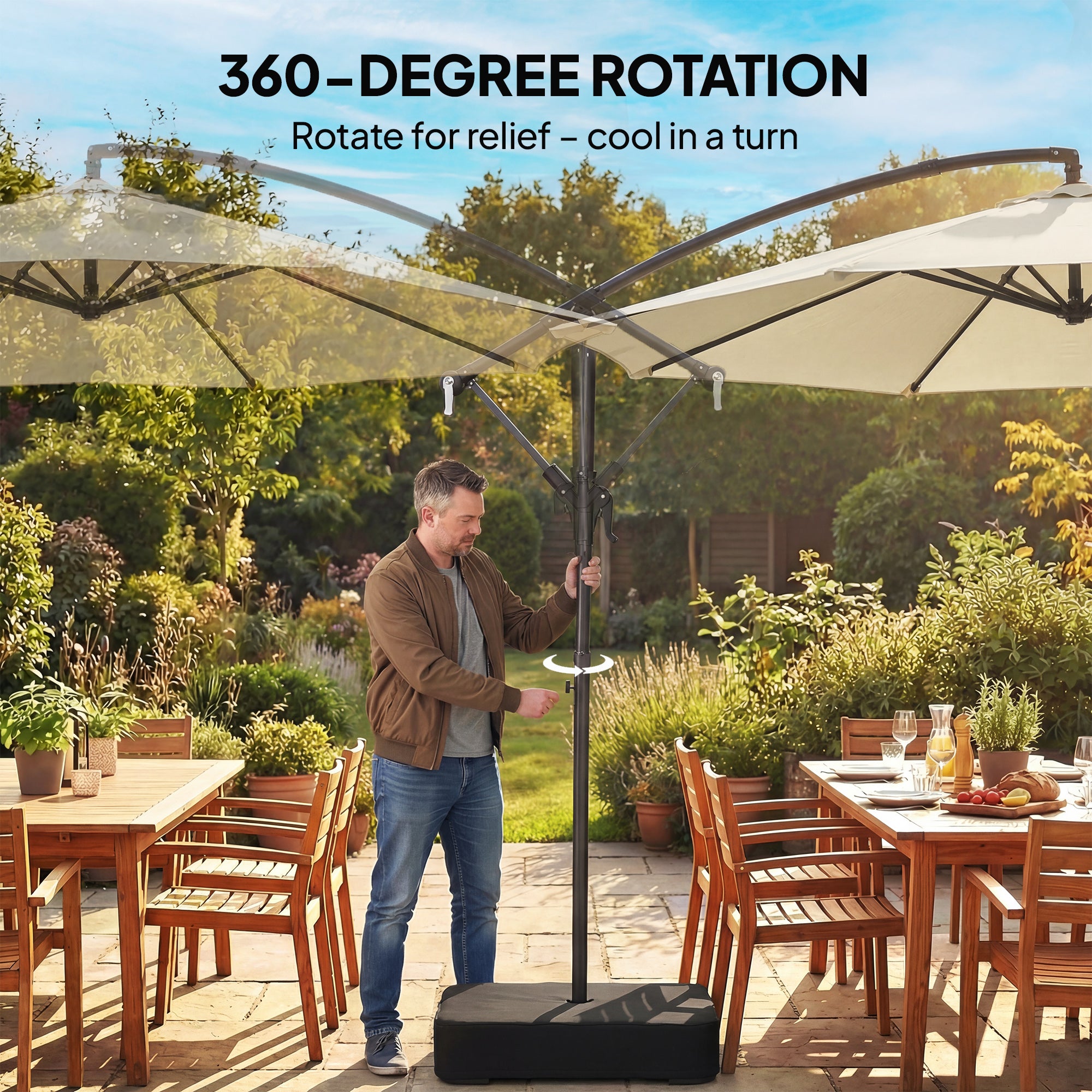 Outsunny 3 m Garden Cantilever Parasol with Cross Base, Sandbag, 360° Rotating Overhanging Banana Umbrella, Beige