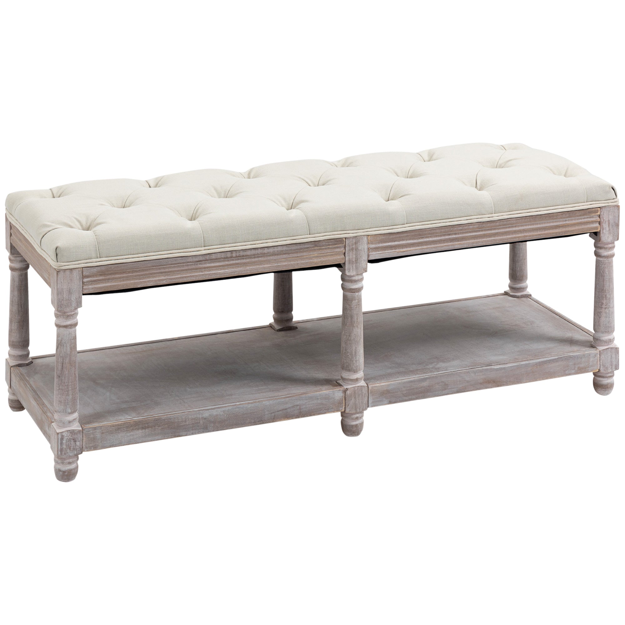 HOMCOM 2-Tier Bed End Bench, Vintage Stool, Wooden Window Seat with Storage Shelf, Button Tufted Upholstered Footstool for Living Room, Bedroom, Entryway, Cream White - North Peak Garden Furniture