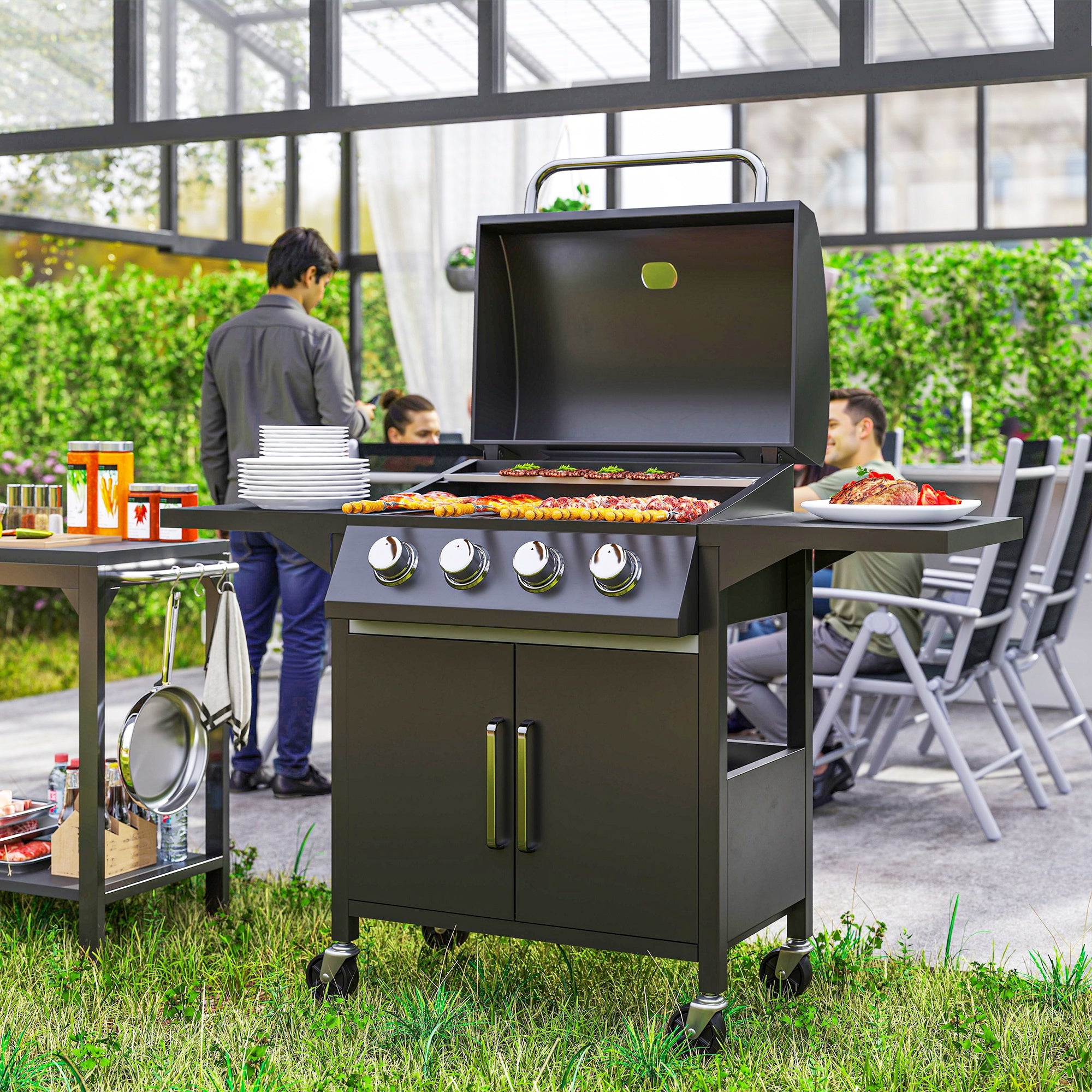 Outsunny 4 Burner Gas BBQ Grill Outdoor Portable Barbecue Trolley w/ Warming Rack, Side Shelves, Storage Cabinet, Thermometer - North Peak Garden Furniture