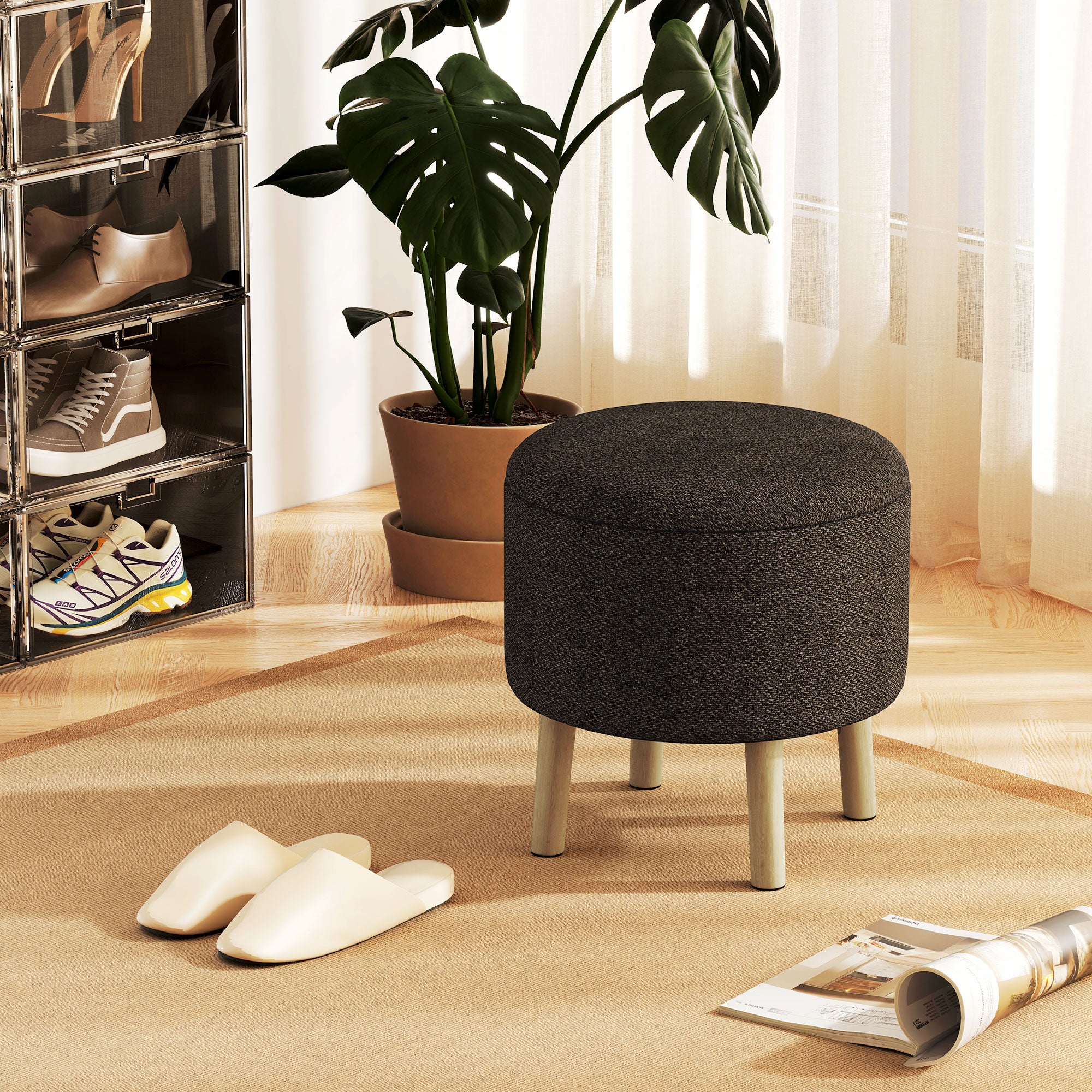 HOMCOM Round Ottoman Stool with Storage, Linen Fabric Upholstered Foot Stool with Padded Seat, Hidden Space and Wood Legs - North Peak Garden Furniture