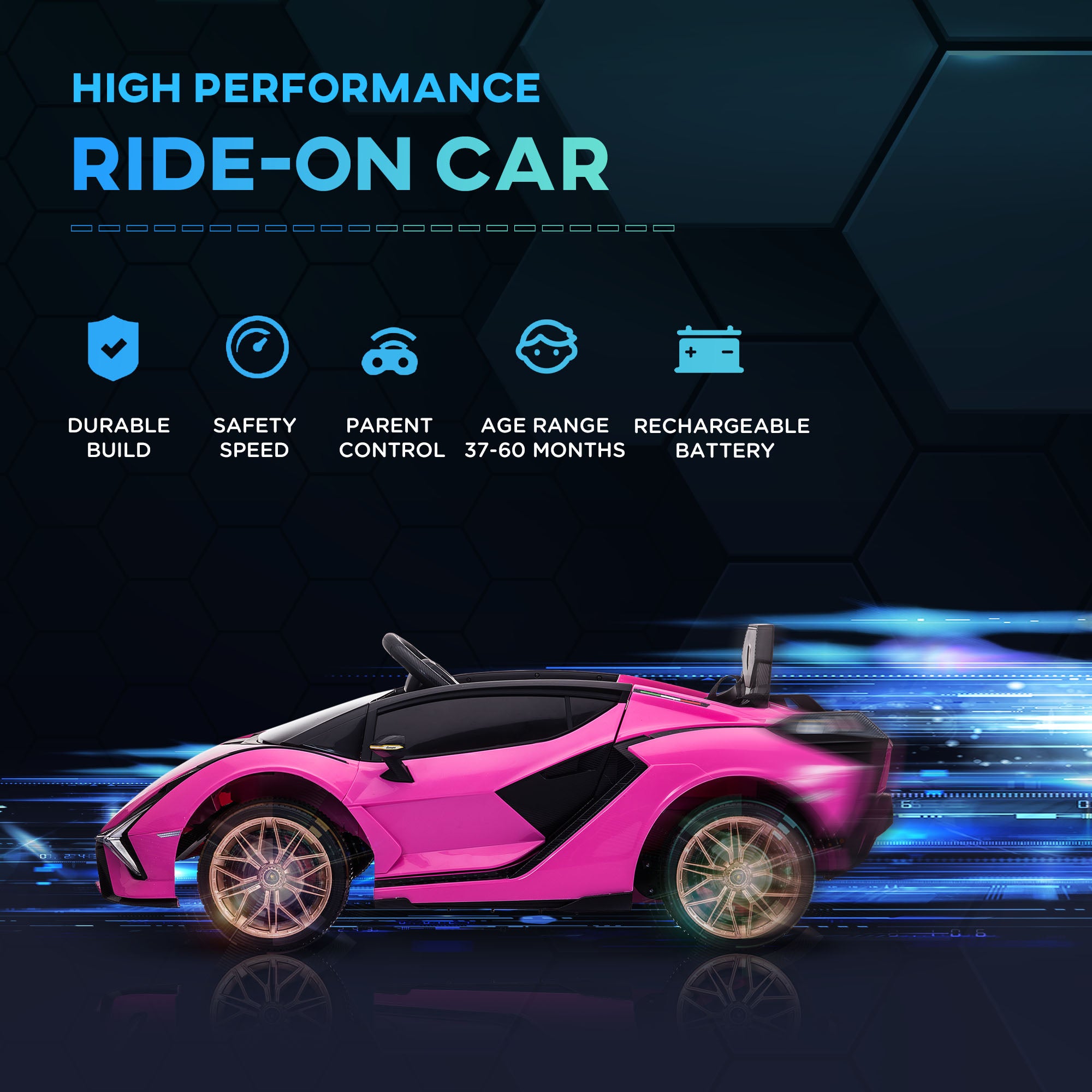 HOMCOM Lamborghini Sian Licensed 12V Kids Electric Ride On Car 2 Motors Toy Car with Remote Control Music Lights MP3 for 3-5 Years Pink - North Peak Garden Furniture