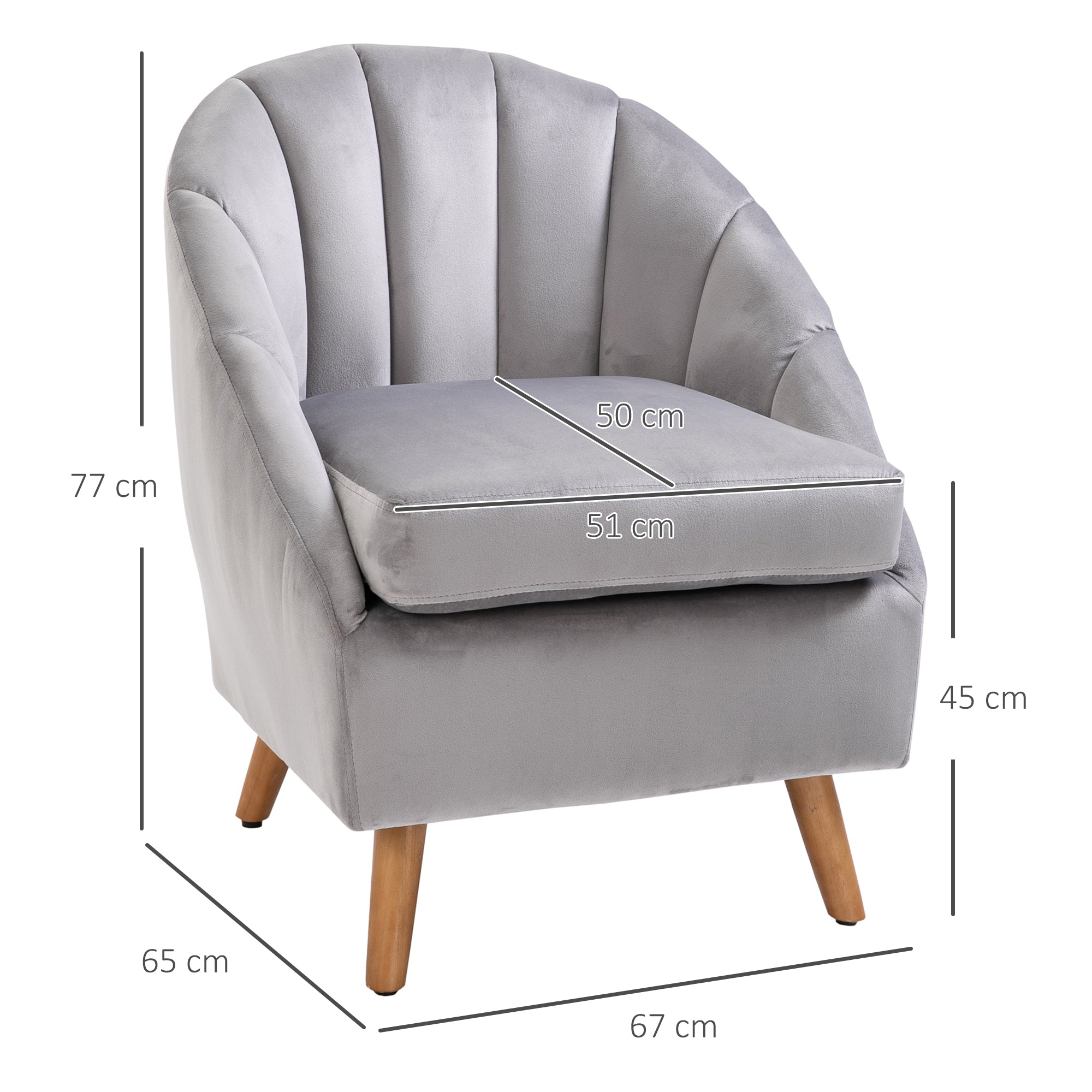 HOMCOM Accent Chair Velvet Fabric Single Sofa Armchair Home Living Room Solid Wood Leg Upholstered Side Armchair Grey - North Peak Garden Furniture